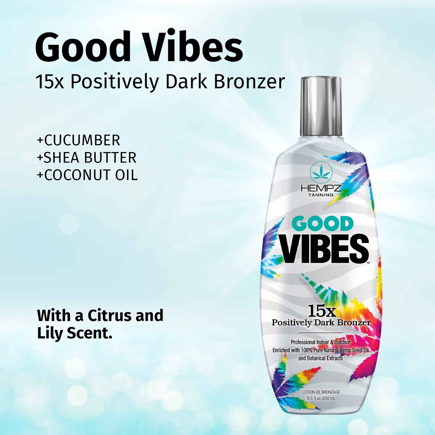 HEMPZ Good Vibes 15X Positively Dark Bronzer - Herbal Moisturizing Self Tanning Lotion for Tanning Beds, Beach, Sun 8.5 Fl OZ