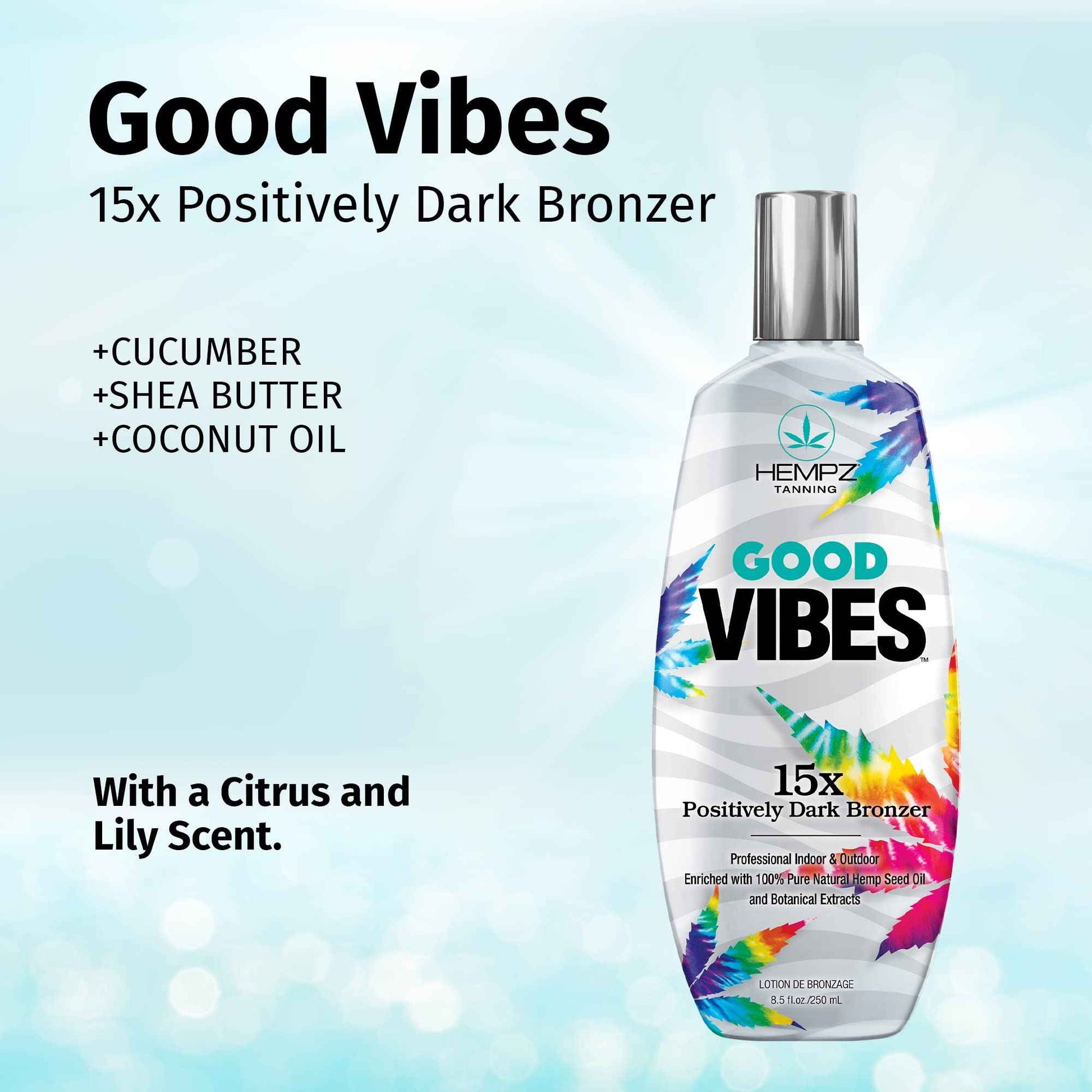 HEMPZ Good Vibes 15X Positively Dark Bronzer - Herbal Moisturizing Self Tanning Lotion for Tanning Beds, Beach, Sun 8.5 Fl OZ
