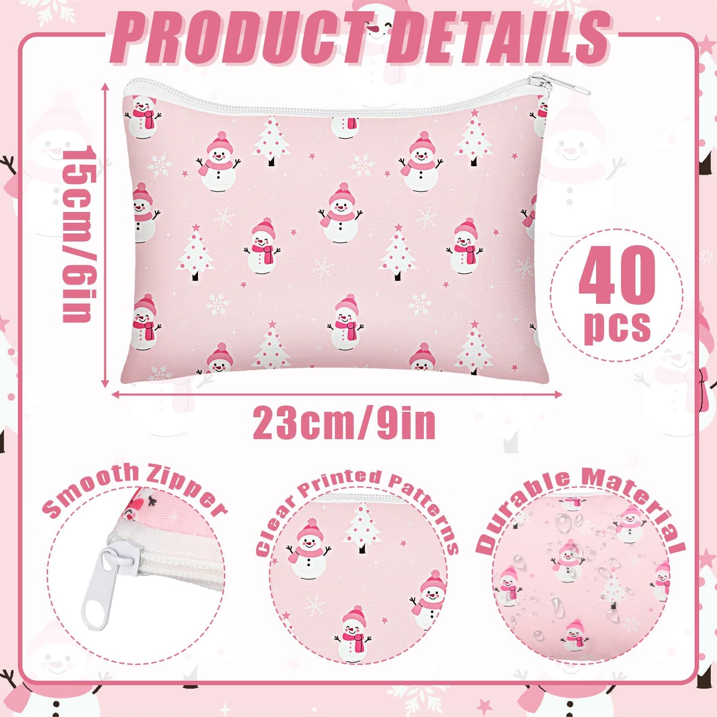 Sunnymove 40 Pcs Pink Christmas Makeup Bags Bulk Gifts for Women Pink Christmas Zipper Pouch Bulk Xmas Trees Snowman Snowflake Purse Cosmetic Gifts Xmas Party Favors for Employee Coworker Nurse Gift