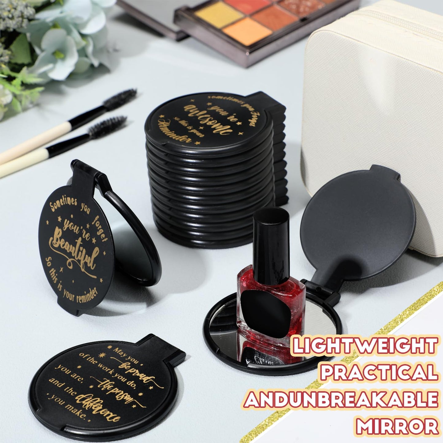 Wenqik 100 Pcs Inspirational Mini Compact Mirrors Bulk, Women Small Gifts Bulk, Group Team Party Favors, Mini Pocket Purse Mirror for Travel, Client, Guest, Wedding, Birthday, Cheerleader (Black)