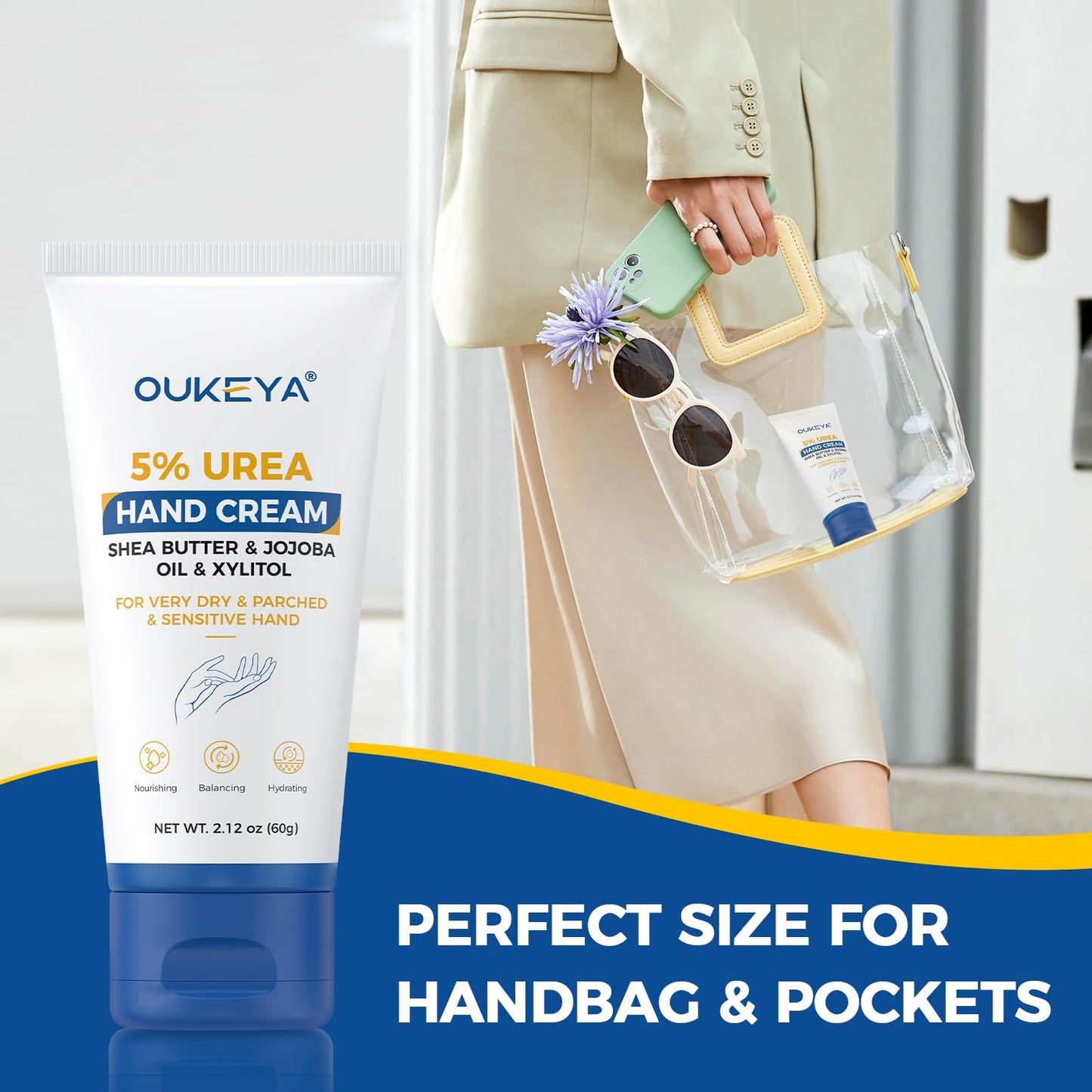 OUKEYA Urea Hand Cream - With 5% Urea Deep Nourishment for Hands, Fast-Absorbing Hydration for Soft Skin with Jojoba Seed Oil & Shea Butter - Perfect Travel Size for On-the-Go Care