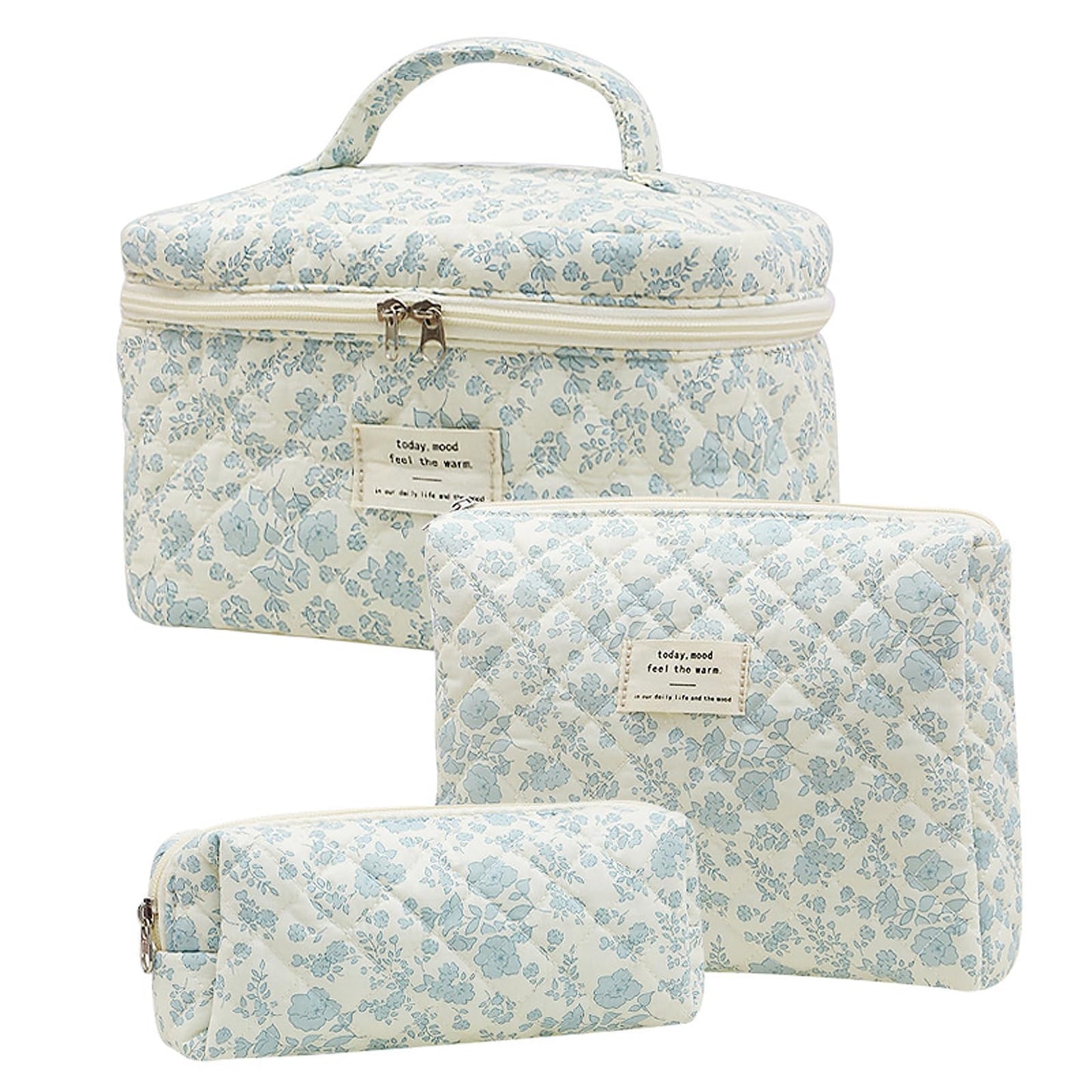 Quilted Floral Makeup Bag 3PCS, Cute Cotton Coquette Aesthetic Travel Toiletry Bag, Zipper Cosmetic Pouch, Daily Travel Use Skincare Bag, Large Capacity (Powder Blue Botanical)