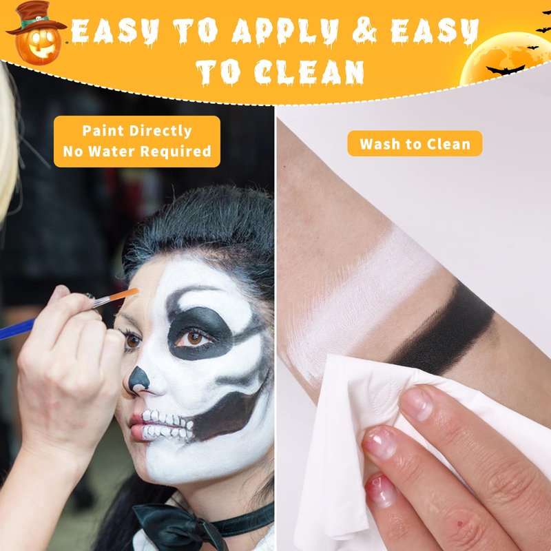 Halloween Black and White Face Paint Kit - 7pcs Large Capacity Facepaint for Adult Clown SFX Zombie Special Effects Makeup With Brushes & Sponges