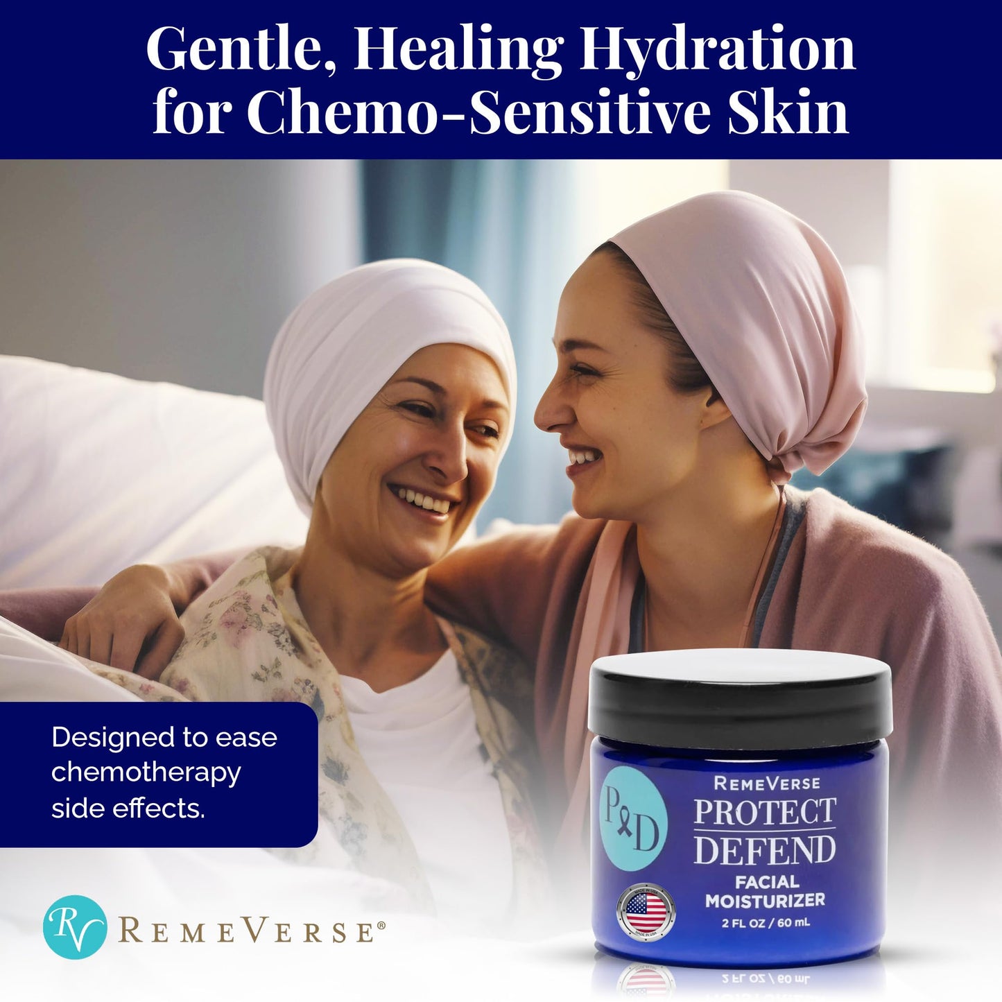RemeVerse Protect & Defend Facial Moisturizer for Sensitive Skin During Chemoteraphy - Skin Hydration & Gentle Face Cream w/Hyaluronic Acid, Peptides, Glycerin, Collagen - Made in USA - 2 oz
