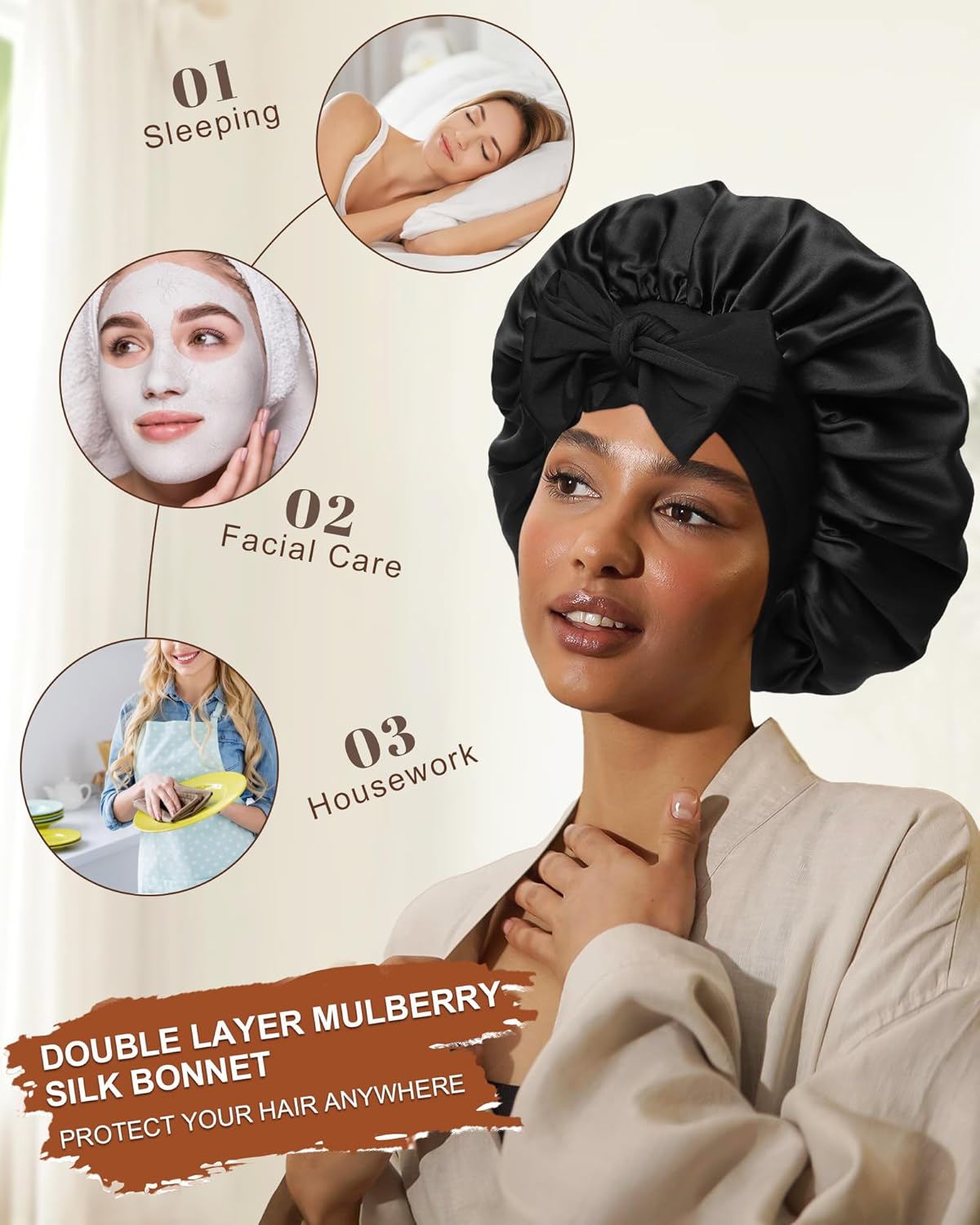 Mulberry Silk Sleep Bonnet for Women - Double Layer Reversible Hair Wrap | Curly Hair Protection