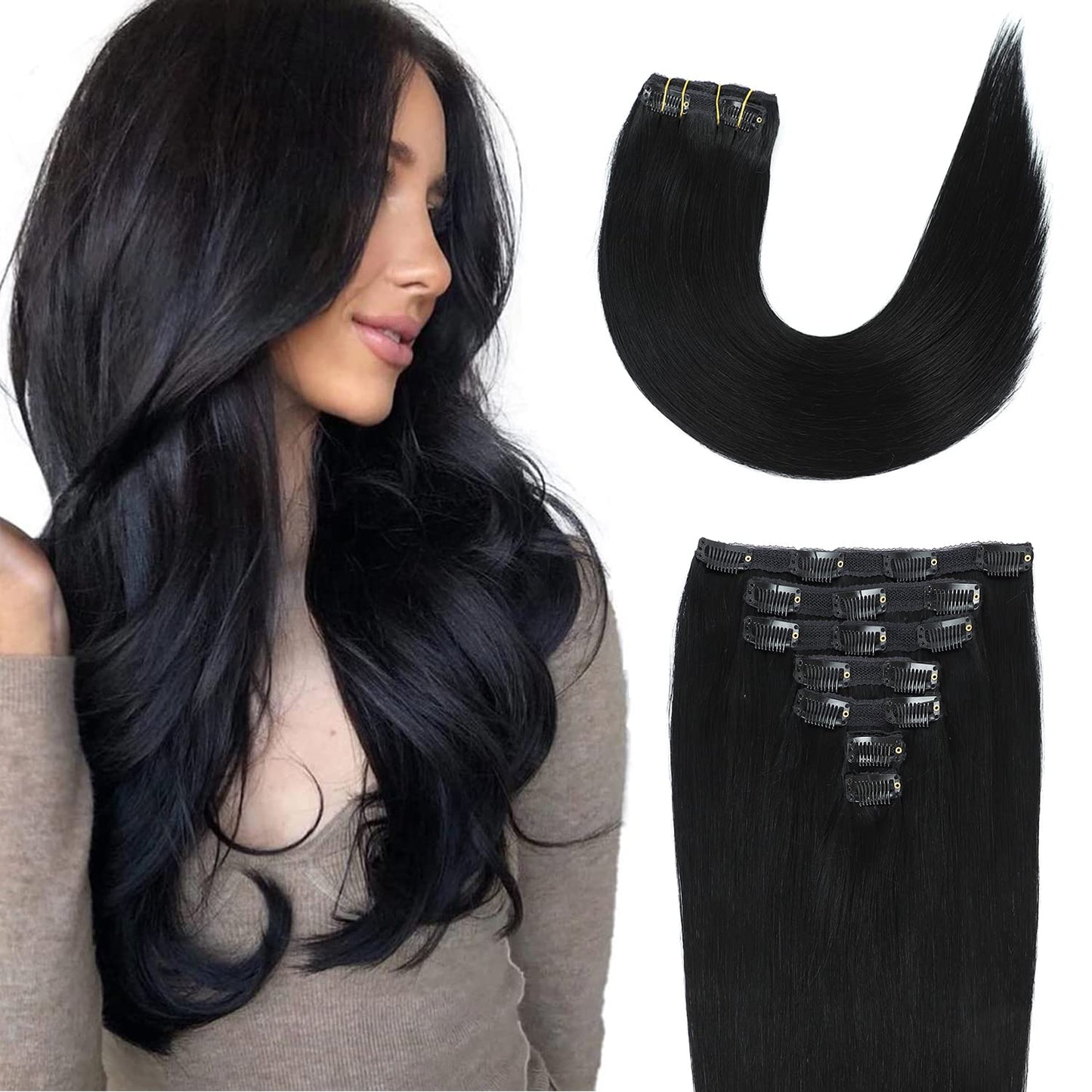 Clip in Hair Extensions Real Human Hair, 120g/set 7pcs, Thick Remy Human Hair Clip in Extensions, Brazilian Straight Human Hair Clip ins for Women (1#, 14inch)