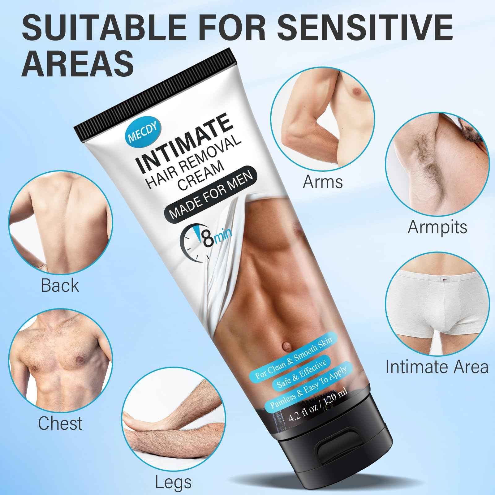 Hair Removal Cream for Men, Hair Remover Body Cream for Unwanted Male Hair, Painless, Flawless Depilatory for Intimate/Private Area, 120ml