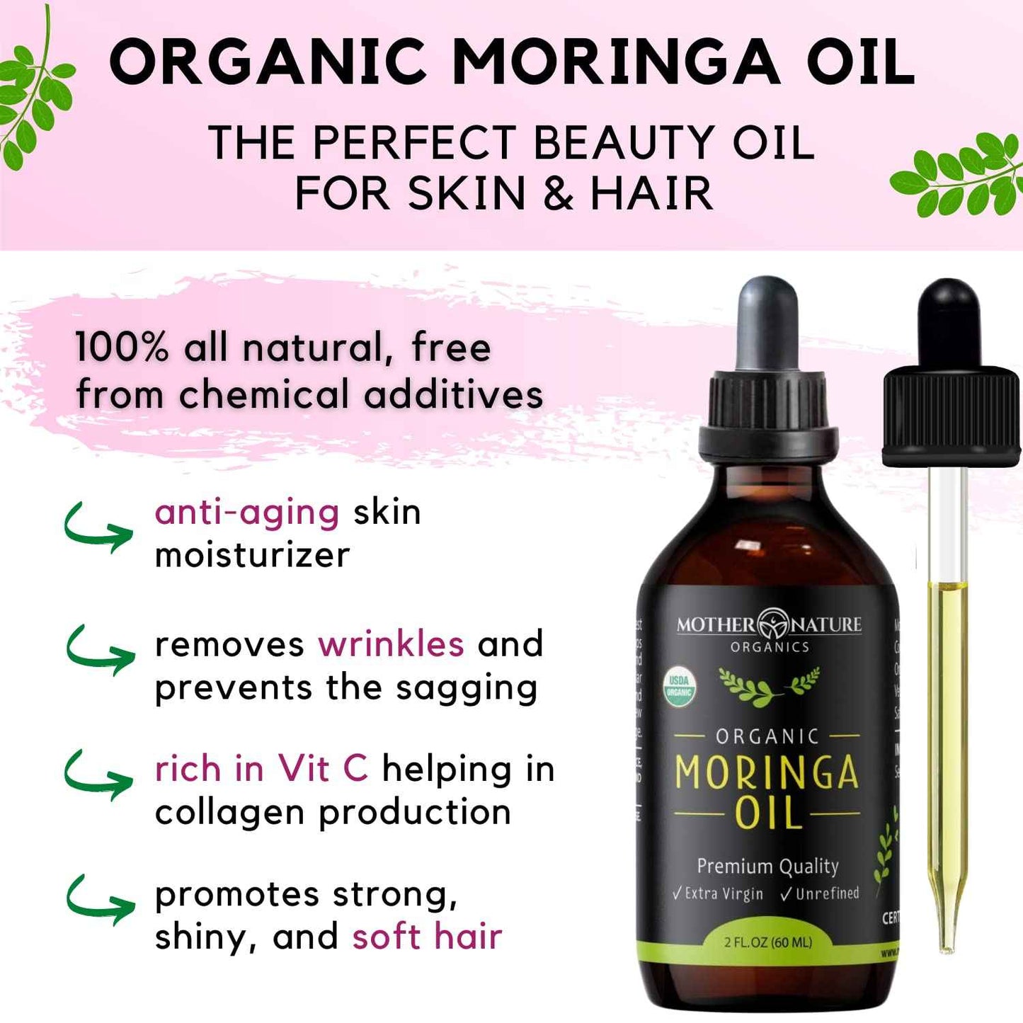 Moringa Oil - USDA Certified Organic, 100% Pure, Cold Pressed & Unrefined Gluten Free Oil (2oz) - Natural Moisturizer for Skin, Face, Body & Hair - Non-GMO & Vegan