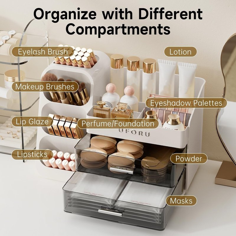 Reflygen Drawer Cosmetic Organiser, Large Capacity Dresser Organiser For Bathroom And Bedroom Countertop Cosmetic Storage, Makeup Tools, Skincare Products, Lipstick Storage Display(milky white)