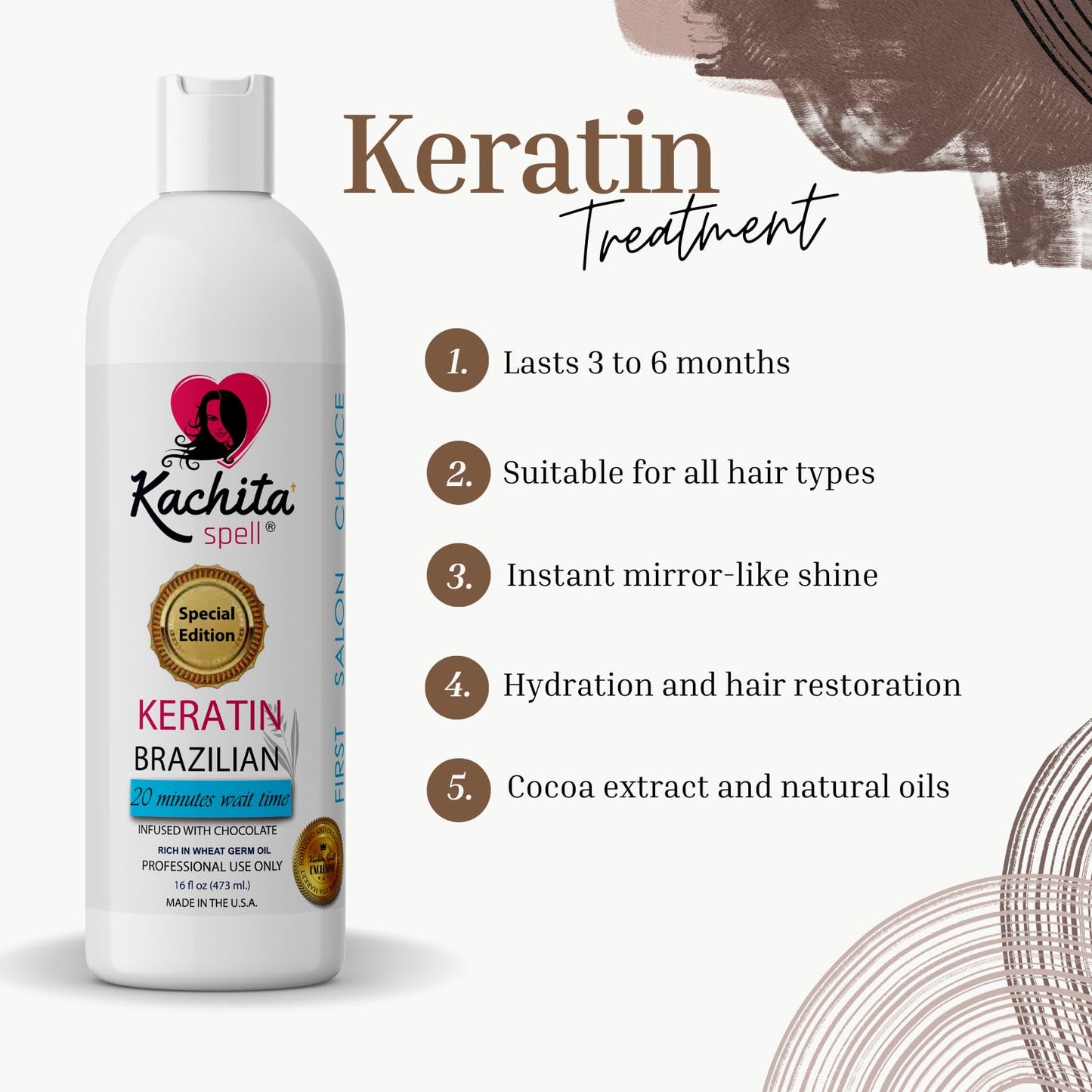 Kachita Spell Brazilian Keratin Hair Straightening Treatment, Lasts Up to 18 Weeks, Keratin Chocolate & Argan Oil Complex, Queratina para Alisar el Cabello, Home & Professional Use, 16 fl oz