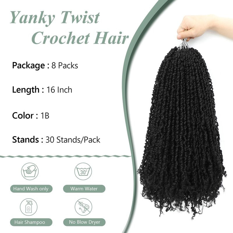 Peliri Yanky Spring Twist Crochet Hair - 16 Inch Pre-looped Spring Twist Crochet Hair with Kinky Twist 8 Packs(30 Stands/Pcs) Pre-twist Bohemian Passion Twist Crochet Hair(16 Inch,1B)