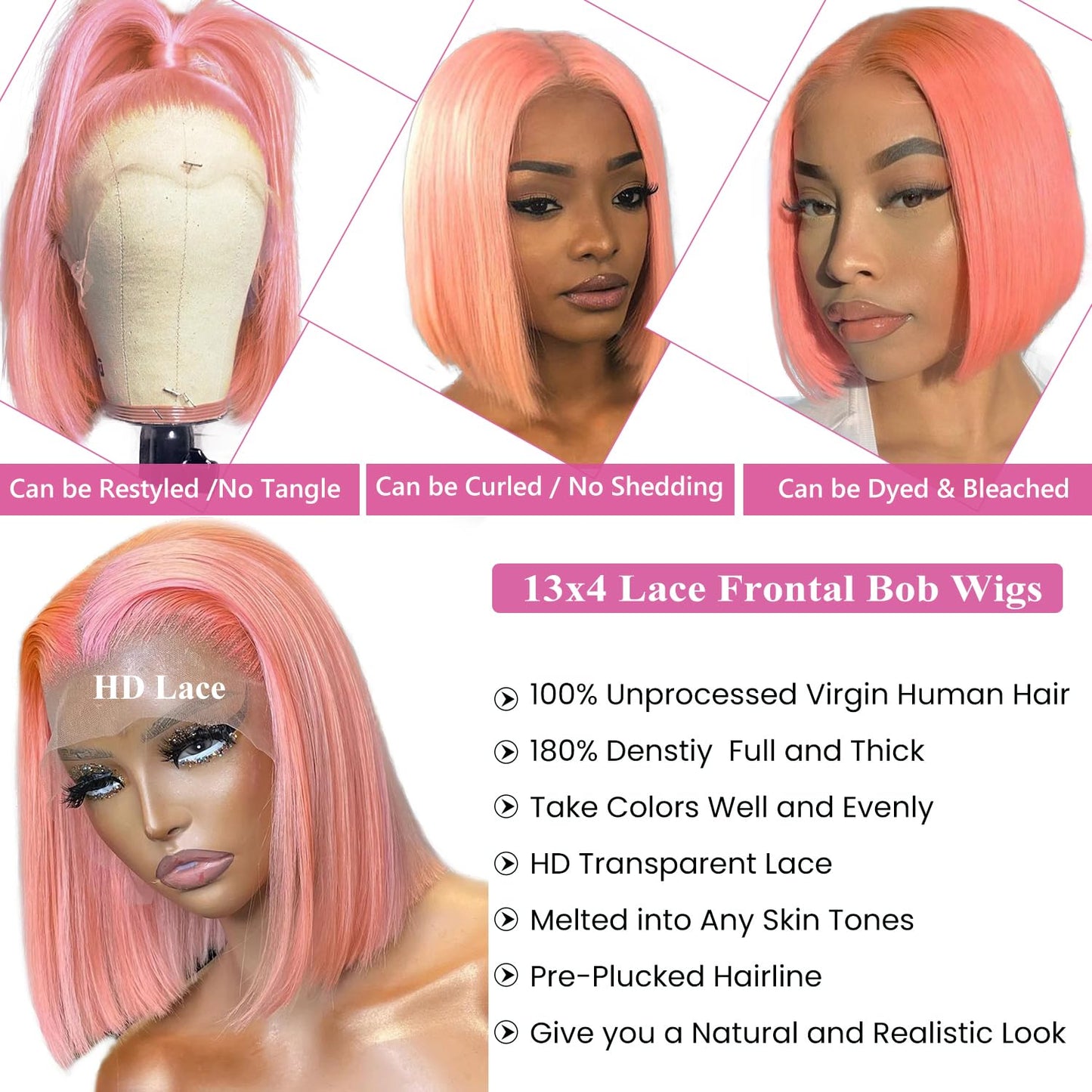Bob Wig Human Hair Pink 13x4 Lace Front Wigs Human Hair, 180 Density Glueless Wigs Human Hair Pre Plucked Pre Cut 12 Inch Short Bob Wig Brazilian Virgin Human Hair Lace Front Wigs for Black Women