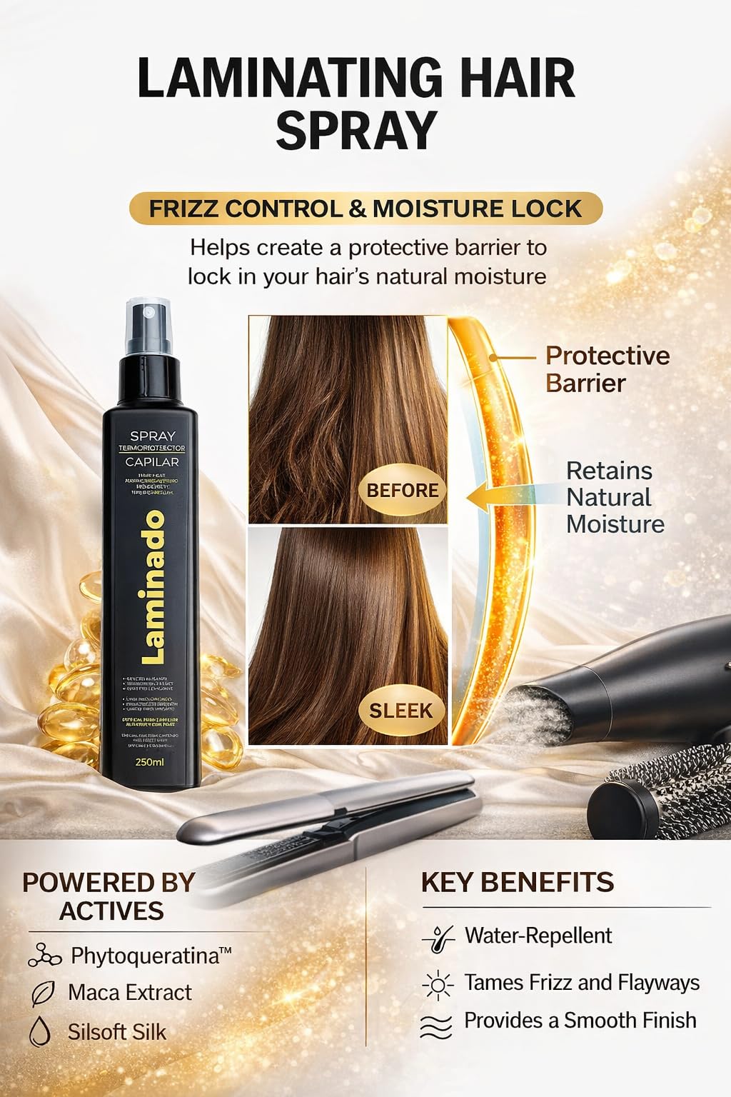 Lina Zapata LZ Heat Protectant Spray for Hair, Anti-Frizz Leave-In Smoothing Spray with Phytokeratin, Heat Protection for Blow Drying, Flat Iron and Curling, All Hair Types, 8.45 Fl Oz