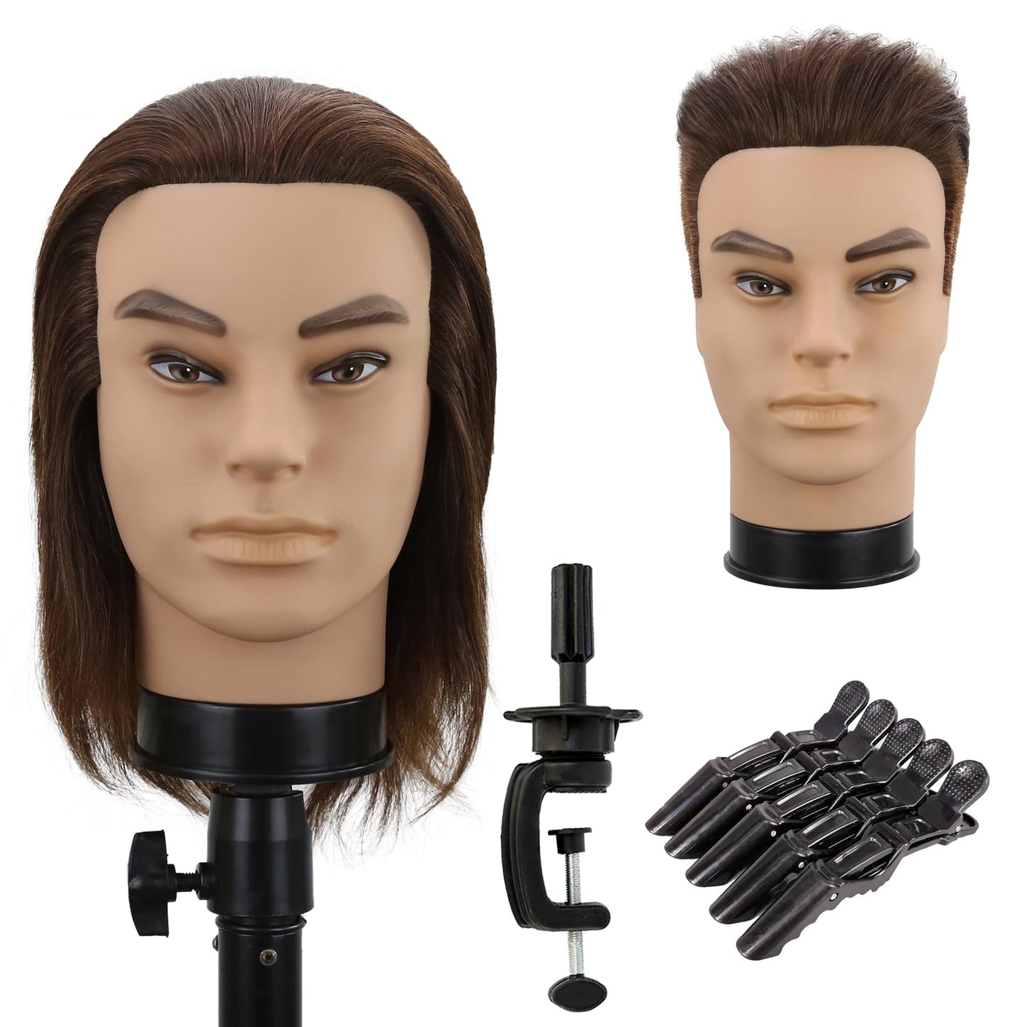 Male Mannequin Head Men Mannequin Head Human Hair Hairdresser Manikin Head Barber Mannequin Head Male Training Doll Head for Hair Styling and Practice （Dark Brown)
