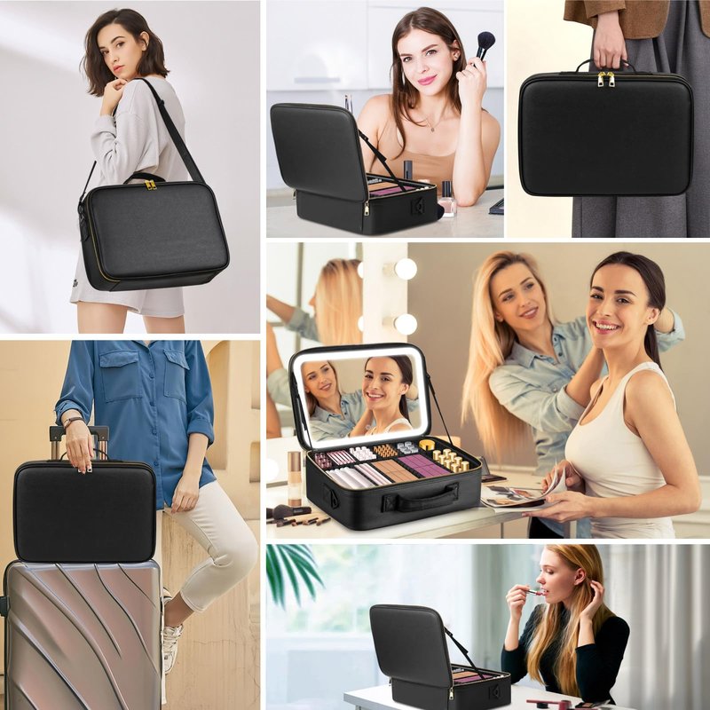 saiggnyy 15“×11“Professional Makeup Train Case,Large Waterproof Travel Makeup bag with Mirror and Light, Leather Black Make up Bag with Mirror and Light,Led Makeup Case with Adjustable Dividers