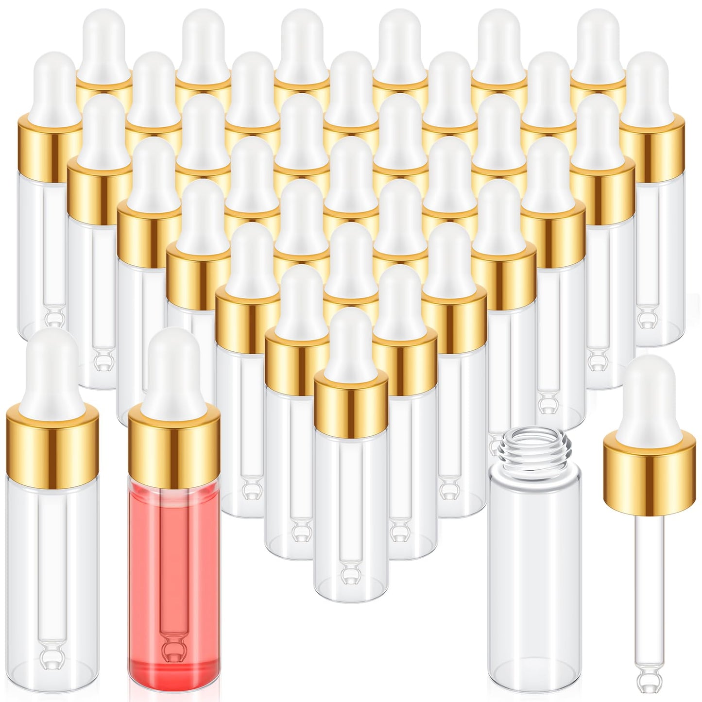 Didaey 200 Pcs 5 ml Mini Glass Oil Dropper Bottle Bulk, Clear Essential Small Empty Bottles Sample Containers Perfume Liquid Vials with Cap for Traveling (Champagne Gold)