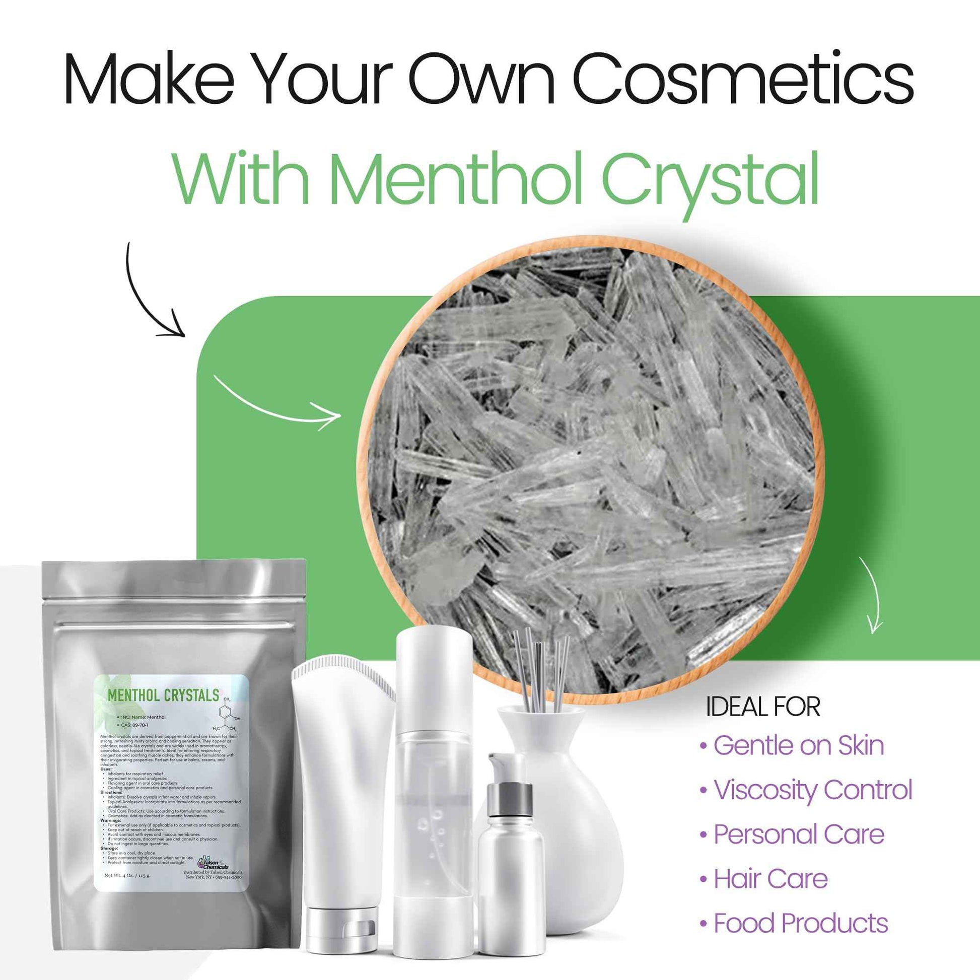 Menthol Crystal Cosmetic Grade - 8 Oz / 226 Grams - Menthol Crystals Organic 100% Pure Peppermint Extract for DIY Cosmetics - Menthol Crystals for Shower Steamers,Creams & Soaps by Talsen Chemicals