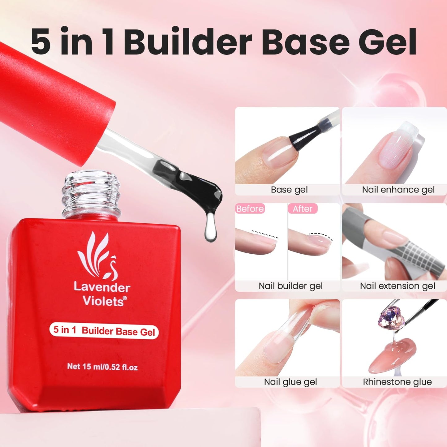 Lavender Violets 3pcs 15ml 5-in-1 Builder Base Gel & Blooming Gel & No Wipe Top Coat Set, Blossom Effect Nail Strengthening Extension Rhinstone Glue for Starter Salon-Quality Home DIY A10_246