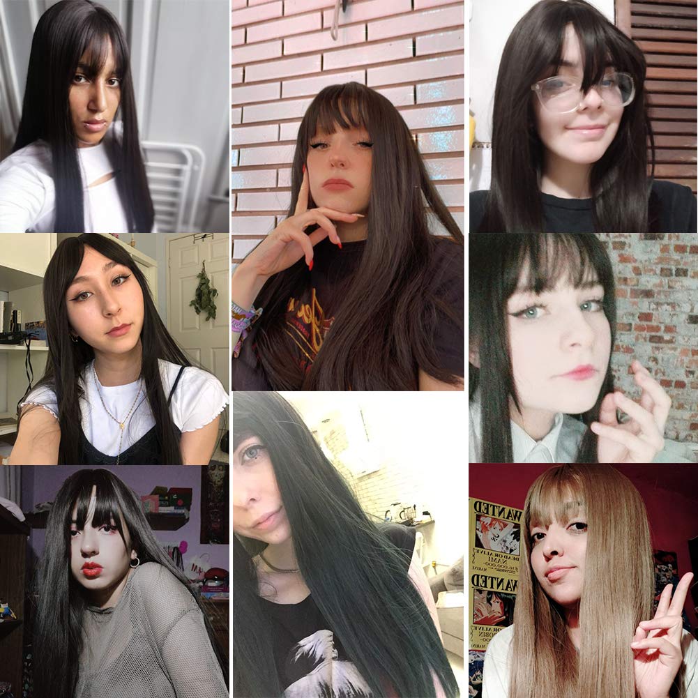HUAISU 22 Inch Long Black High Density Synthetic Straight Hair Wig with Bangs Natural Looking Wig for Women