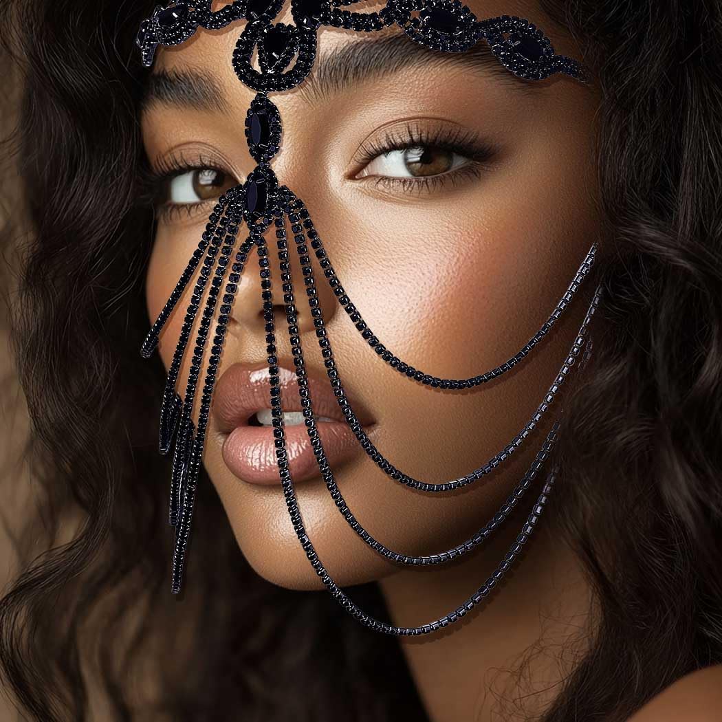 Fdesigner Flapper Mask Head Chain Masquerade Headpiece Rhinestone Costume Hair Accessories (Unique-Black)