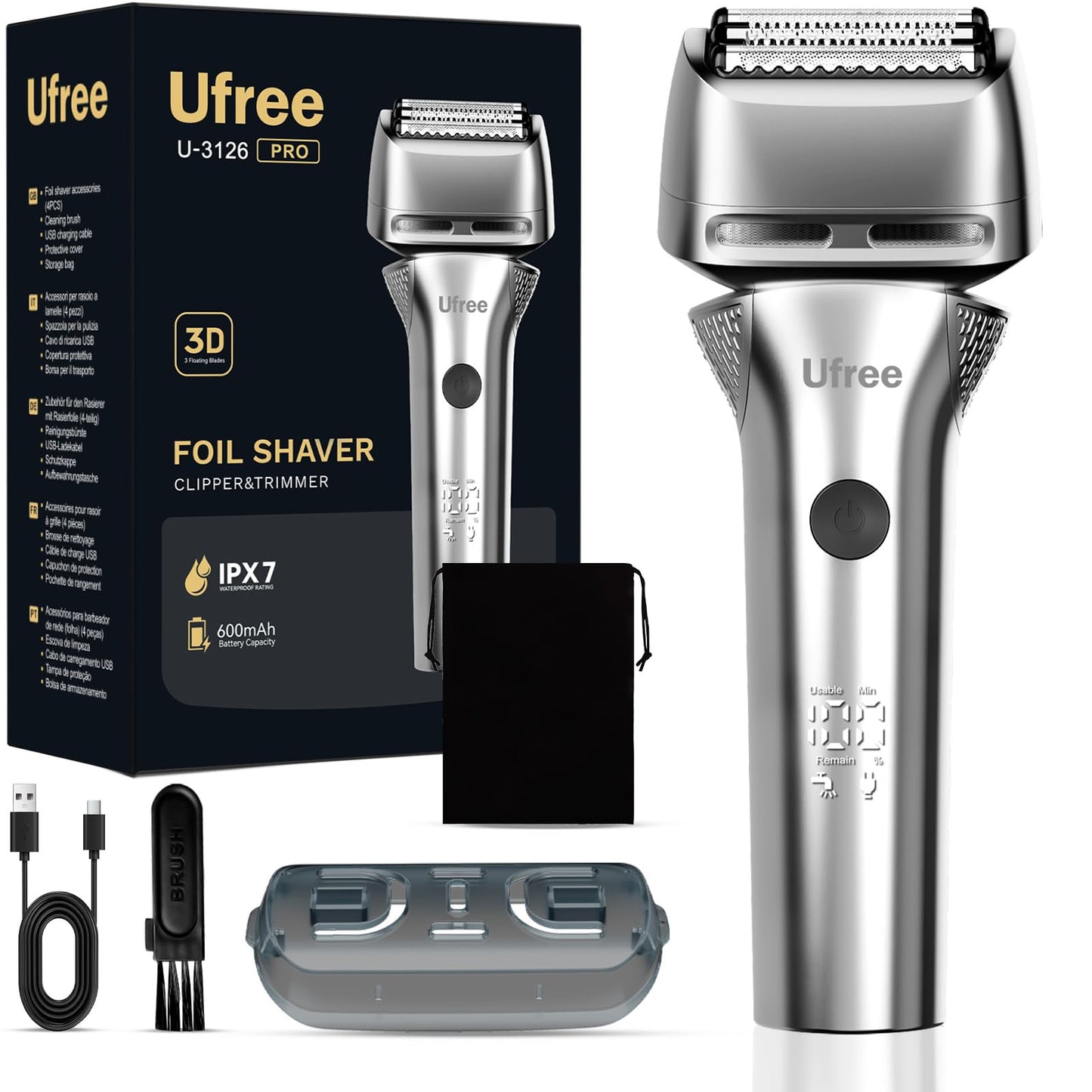 Ufree Foil Shaver with Pop-Up Trimmer, 8,500 RPM Electric Razor for Men, Wet & Dry Electric Shaver with 2 Speed Modes, LED Display, Rechargeable Cordless, IPX7 Waterproof, Silver