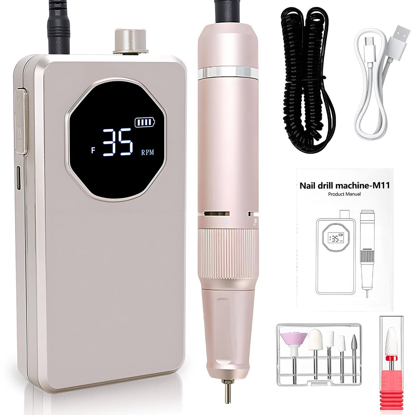 Professional Nail Drill High Torque 35000 RPM Rechargeable Portable Electric Nail File Filer for Acrylic Gel with Cuticle Bits, Salon Manicure Tool, Rose Gold
