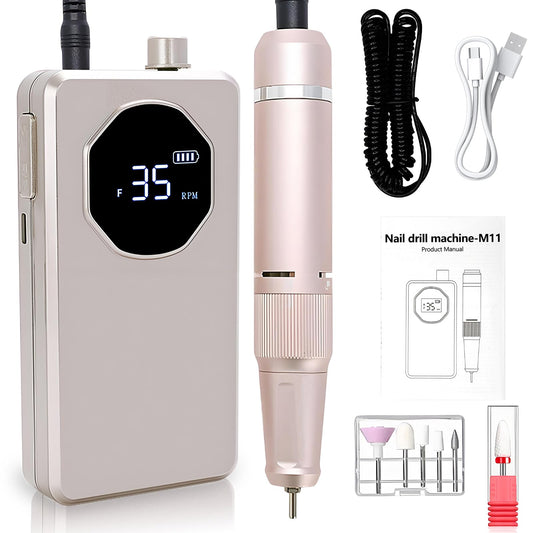 Professional Nail Drill High Torque 35000 RPM Rechargeable Portable Electric Nail File Filer for Acrylic Gel with Cuticle Bits, Salon Manicure Tool, Rose Gold