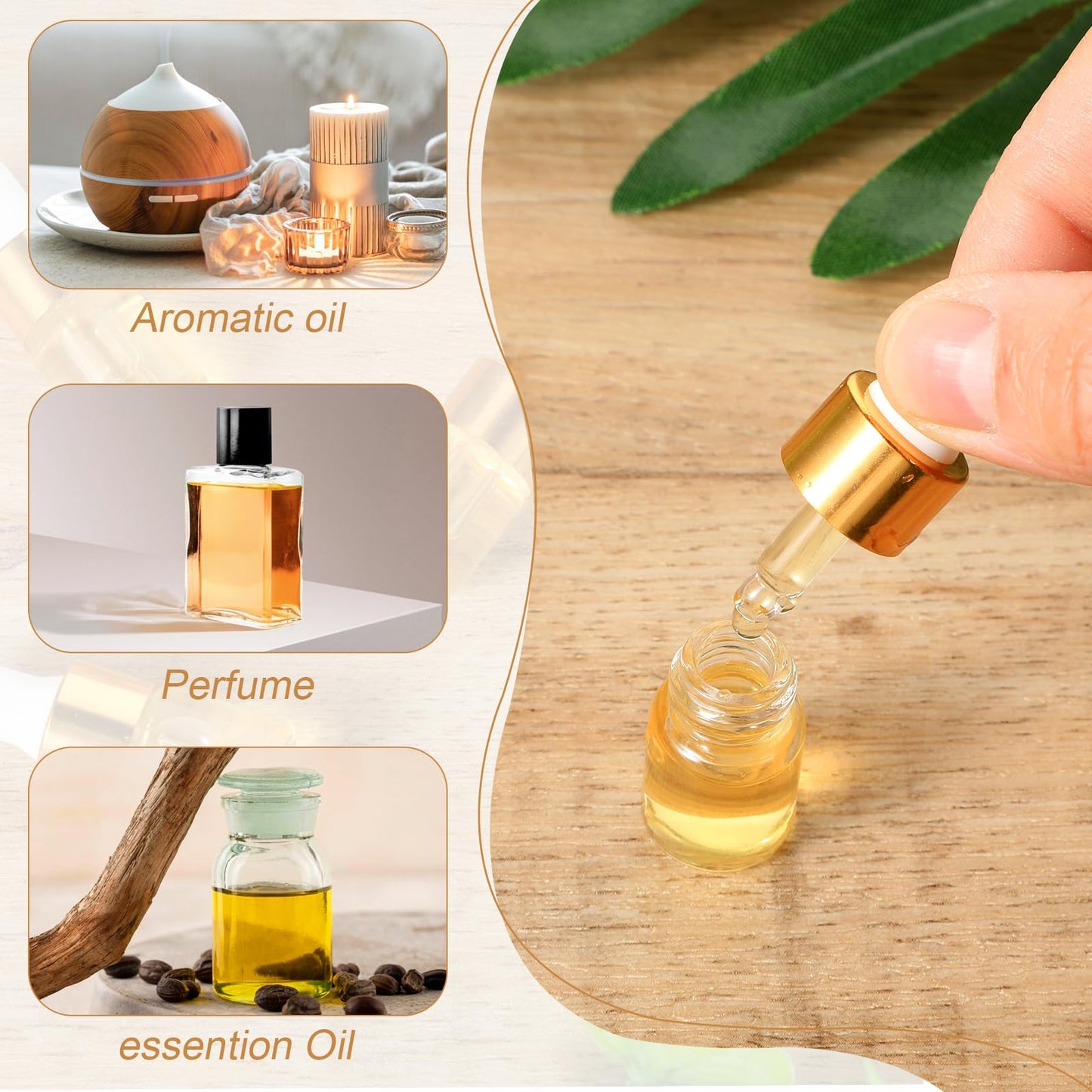wutfuooo 100 Pcs Mini Glass Oil Dropper Bottle Bulk, 2 ml Gold Clear Essential Small Empty Bottles Sample Containers Perfume Liquid Vials with Cap for Traveling