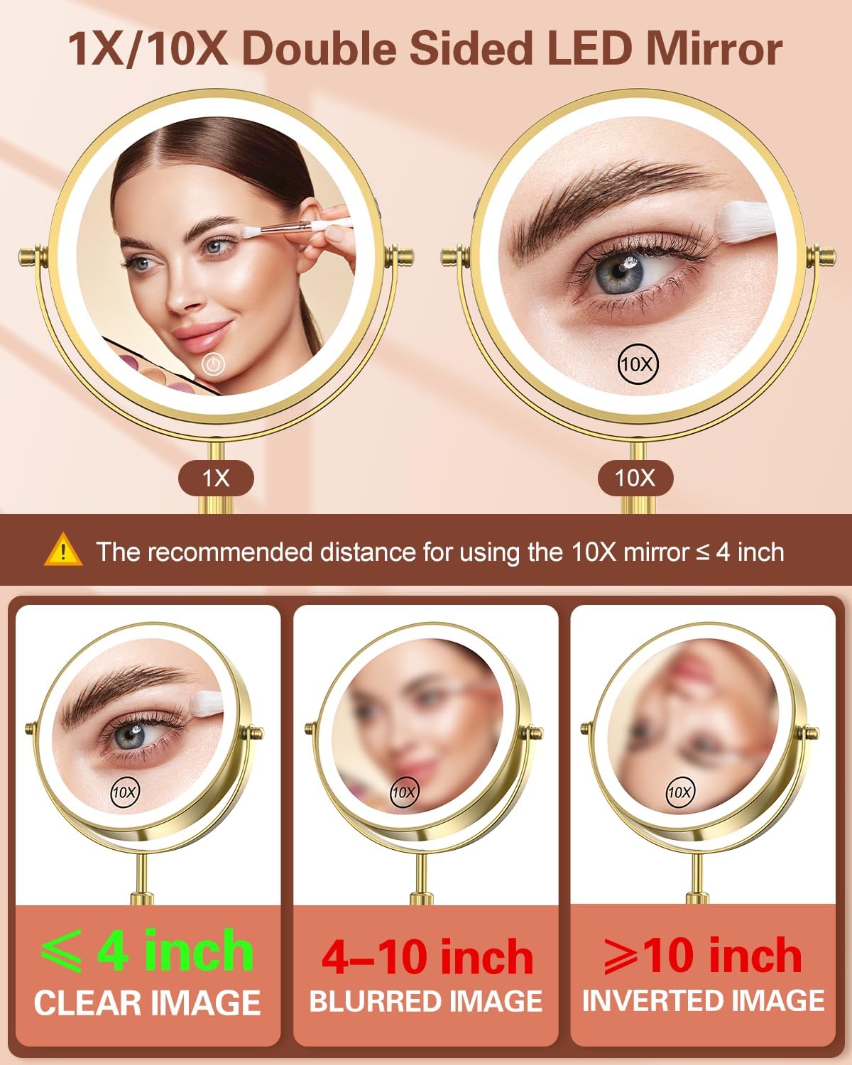 Lighted Makeup Mirror - 7-Inch with 3 Color Lights & 10X Magnification | Adjustable Brightness & Height, 360° Swivel, Gold