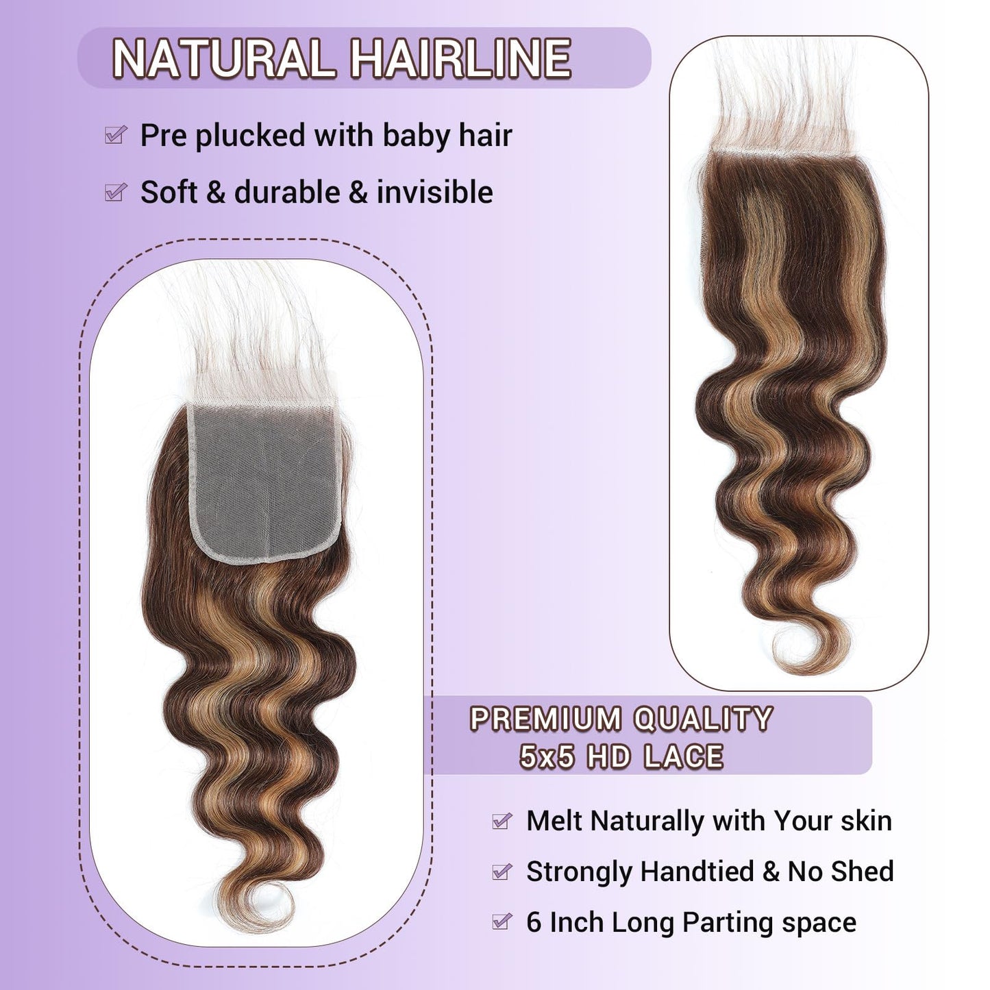 DSEKCAIN Highlight P4/27 5x5 Body Wave Lace Closure 100% Real Human Hair 12 Inch Transparent hd 5x5 Lace Closure Body Wave Chocolate Brown and Honey Blonde Piano Color 150% Density