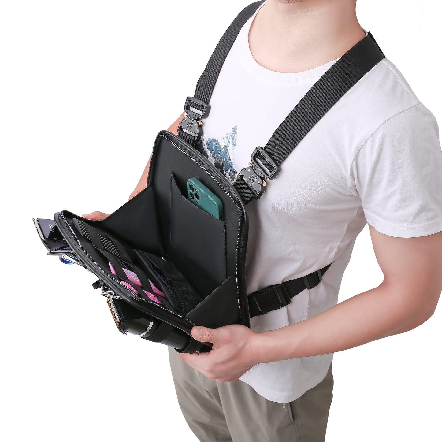 Muserise Leather Fashionable & Functional Chest Rig Bag for Barbers, Stylish Haircut Tools Storage Chest Bag for Barber (Cream)
