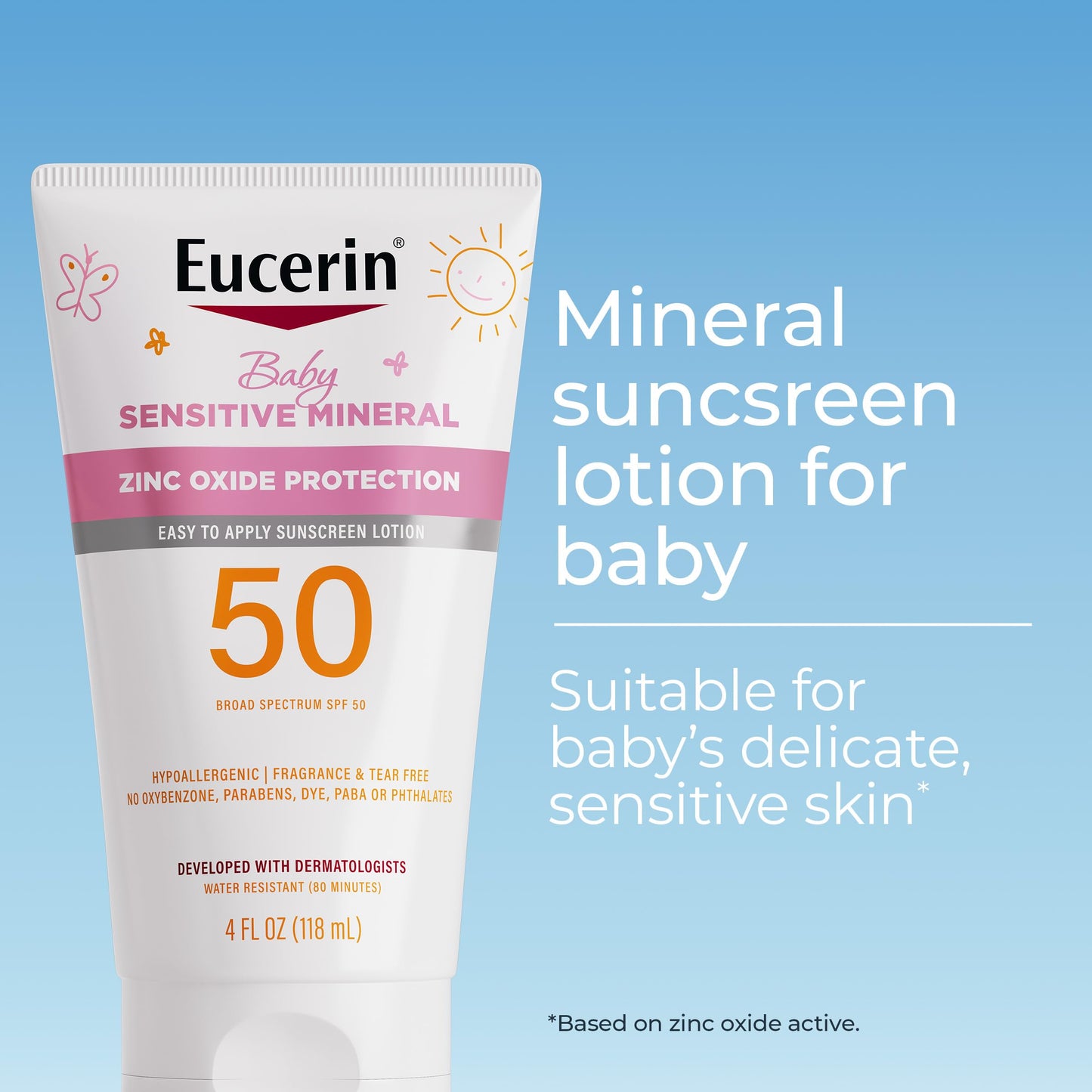 Eucerin Sun Sensitive Mineral Baby Sunscreen Lotion SPF 50 with Zinc Oxide Protection, Hypoallergenic Mineral Sunscreen for Babies, Tear Free and Fragrance Free, 4 Fl Oz Tube