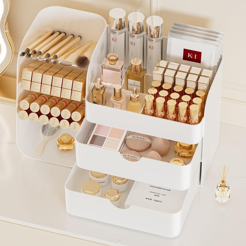 KQJS Makeup Organizer with Drawers, Large Capacity Countertop Organizer for Vanity, Bathroom and Bedroom Desk Cosmetics Organizer, Easy To Storage Skincare, Brushes, Eyeshadow, Lipstick (All White)