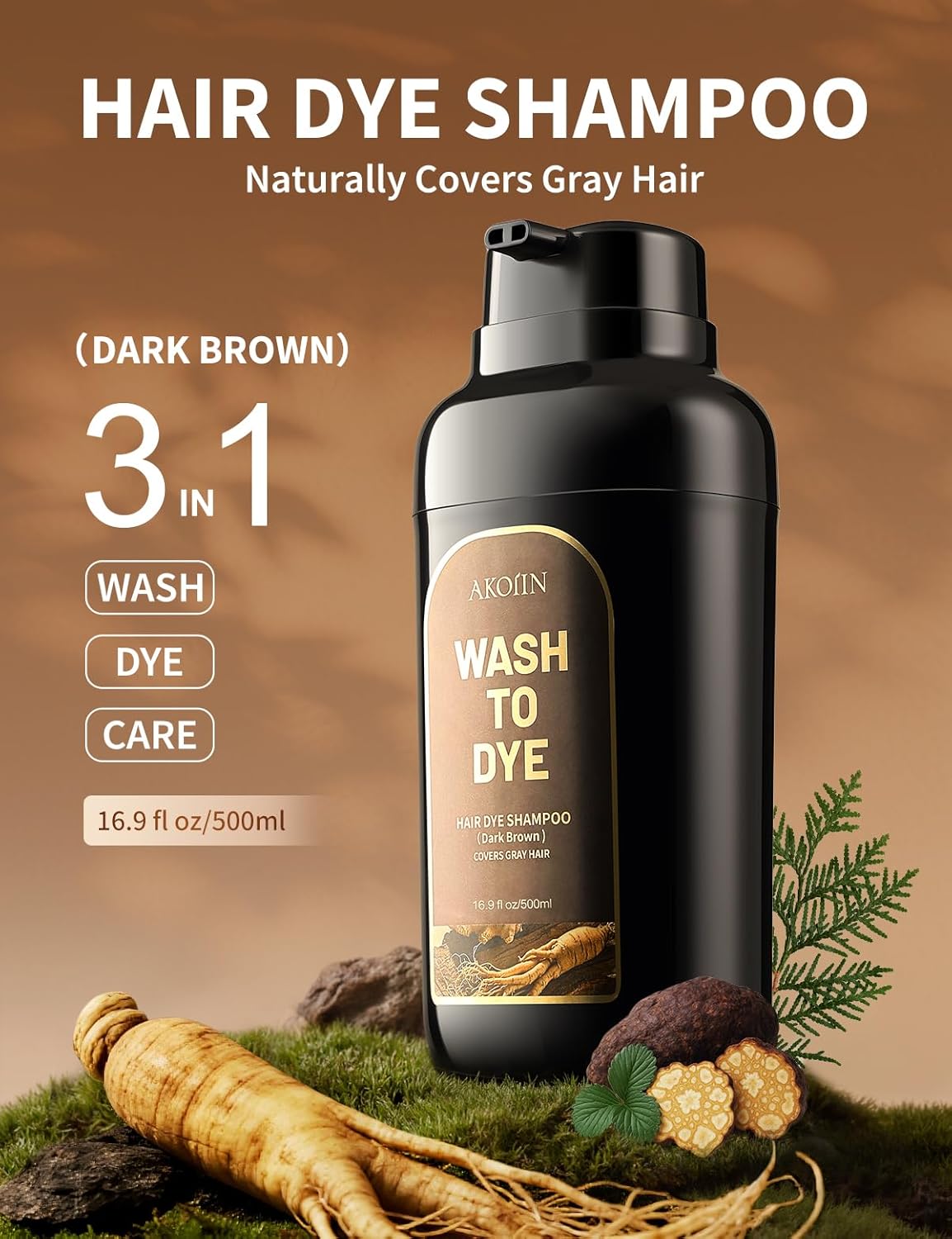 Hair Dye Shampoo for Gray Hair - 30-Minute Ammonia-Free Color for Men & Women | Dark Brown, 500ml