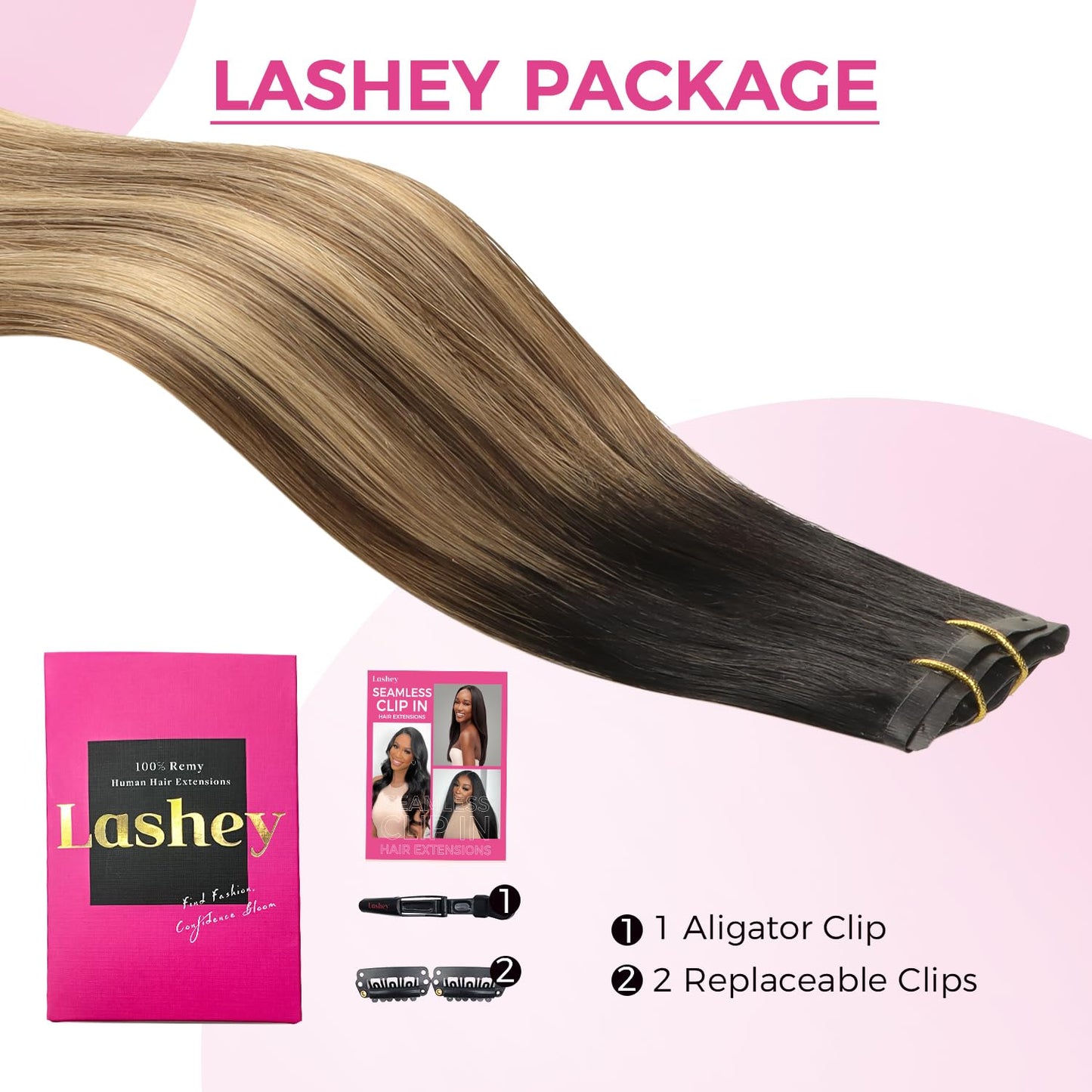Lashey Seamless Clip in Hair Extensions Human Hair Ombre Balayage Ash Brown Highlighted Honey Blonde with Natural Black Dark Roots Hair Extensions Real Human Hair 43g 4pcs 16 Inch Straight Clip ins