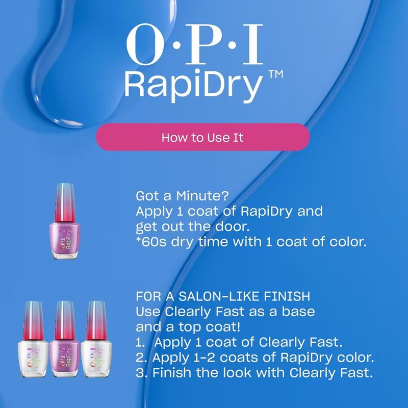 OPI RapiDry Speed of Bright | Semi-sheer Soft Blue Shimmer Quick Dry Nail Polish | Vegan, Smudge Proof, Fast Drying, Color: Speed of Bright