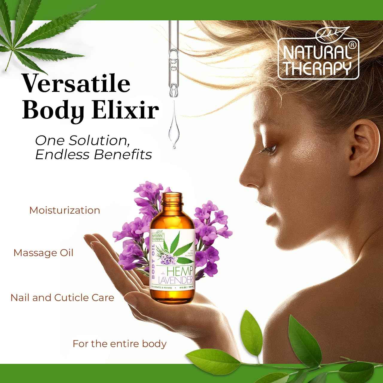 Natural Therapy Hemp & Lavender Body Oil – Moisturizing Body Oil – Hydrate & Soften Skin – Increase Skin Elasticity and Provide Anti-Aging Support (4 Fl.Oz)