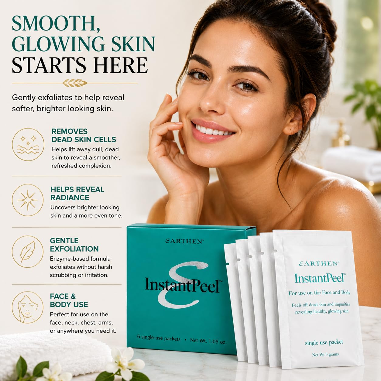Earthen Instant Peel Exfoliating Packets 2 Pack – Gentle Face & Body Exfoliator for Smooth, Glowing Skin – Removes Dead Skin Cells Without Harsh Acids – Single Use Treatment, 12 Count Total