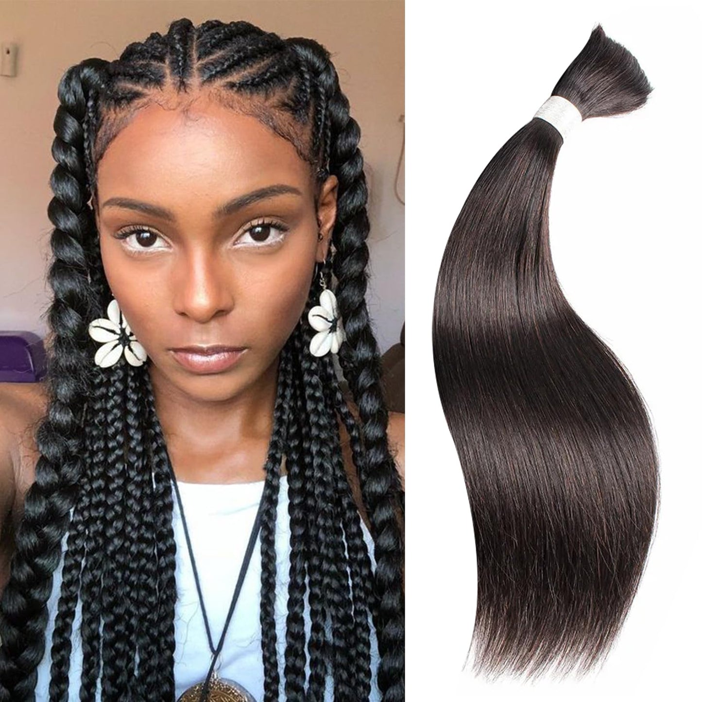 Human Braiding Hair for Boho Braids 20inch Straight Bulk Human Hair Extensions for Braiding No Weft Human Hair for Black Woman （1 Bundle 100g Natural Black）