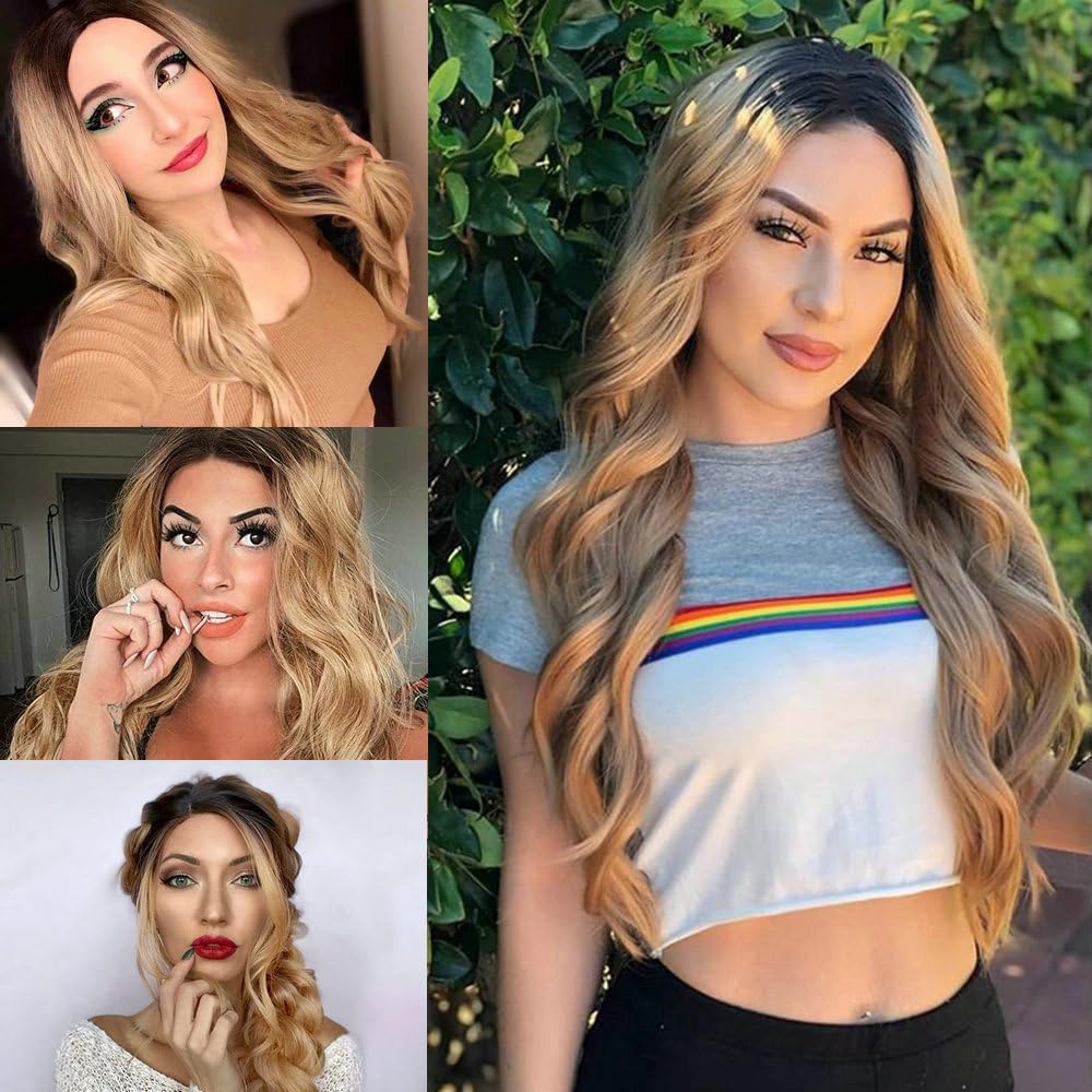 Ombre Blonde Wavy Lace Front Wig - 24" Natural Loose Waves | Heat Resistant Synthetic Fiber for Daily Wear