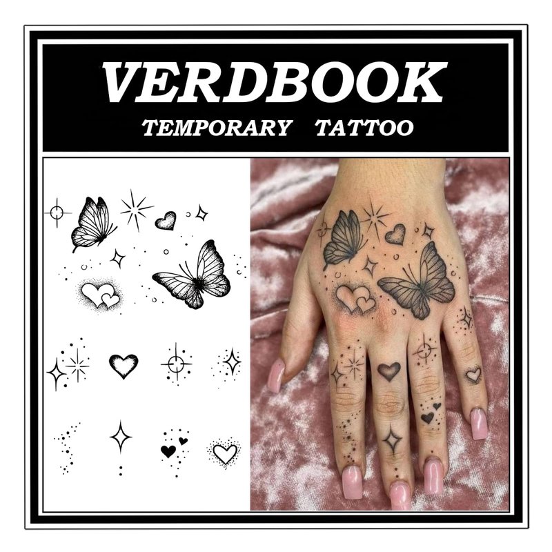 VERDBOOK Waterproof Temporary Tattoos: 2-Sheet Tattoo Kit with Realistic Body Stickers, Semi-Permanent Tattoos for Adults Lasting 7-15 Days – Safe for Men & Women, Butterfly & Heart Pattern