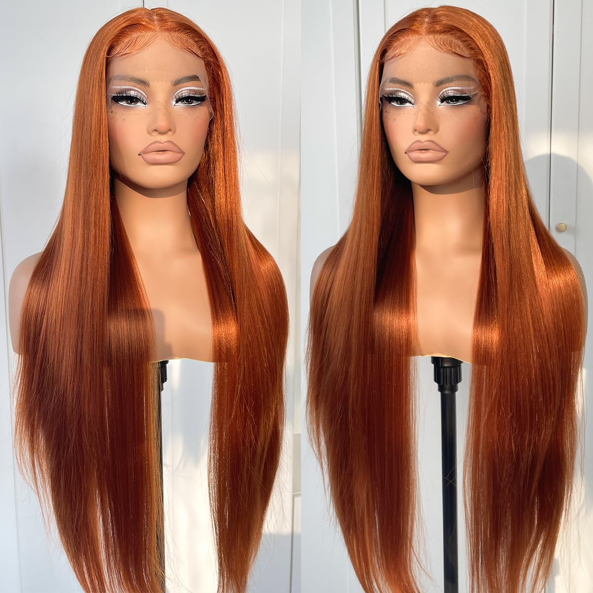 MITIMES Ginger Orange Lace Front Wig Pre Plucked Synthetic Long Straight Ginger Lace Front Wigs 180 Density Glueless Ginger HD Lace Front Wig 32inch