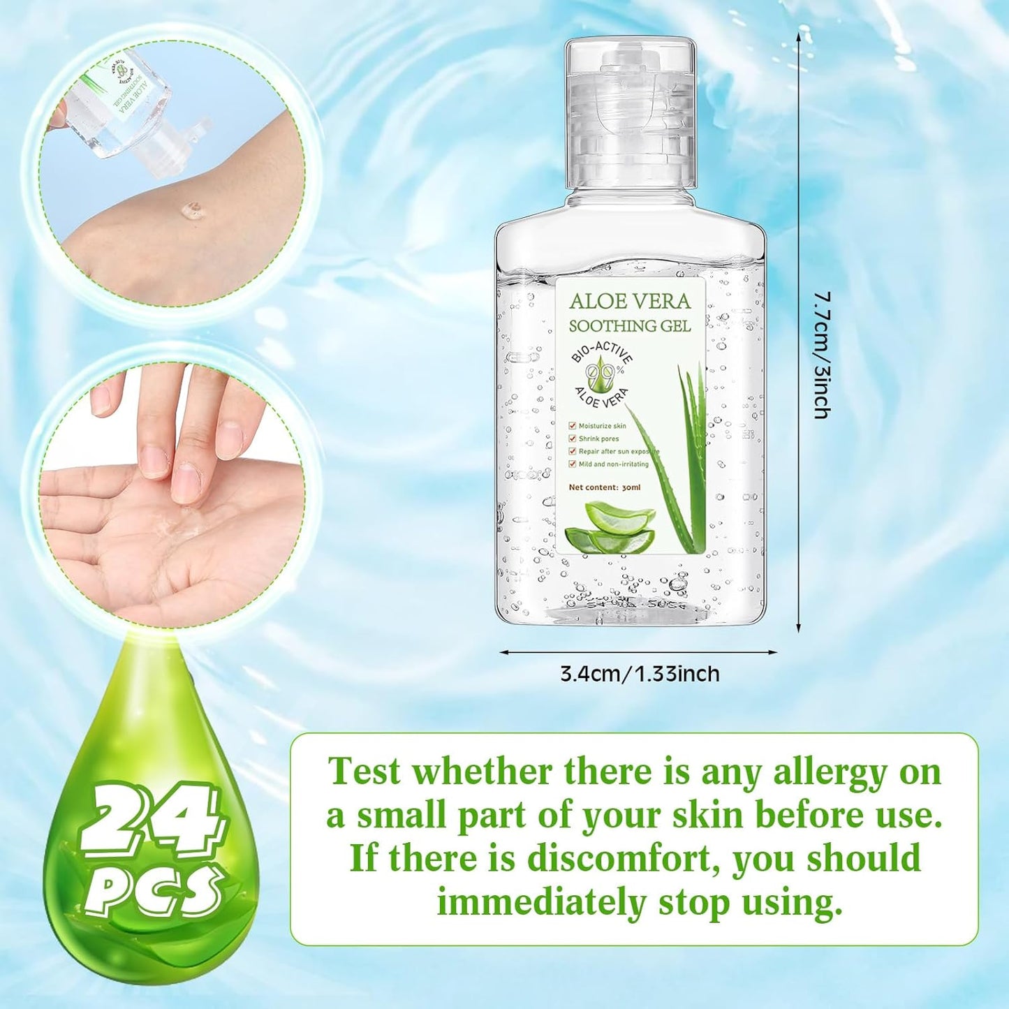Aloe Vera Gel 24 Pcs Mini Travel Size - 1oz Soothing Moisture for Face & Body | Sunburn Relief & Skin Care
