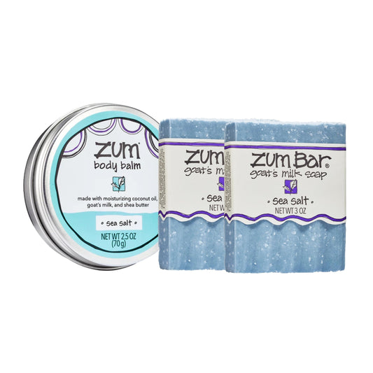 Indigo Wild Zum Bundle - Goat's Milk Soap Bars & Zum Rub Moisturizer - Sea Salt Scent - 2 Bars (3 oz) & 1 Rub (2.5 oz)
