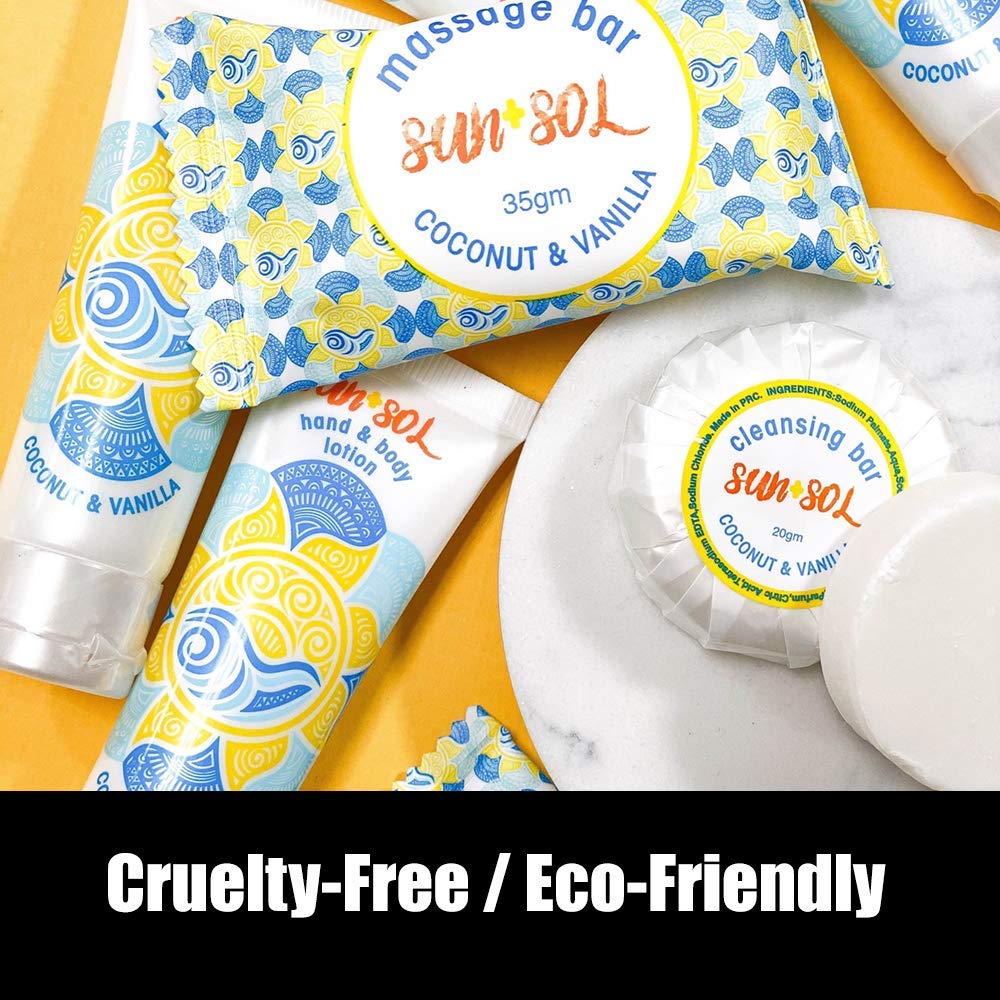 World Amenities Sun + Sol Bulk Moisturizing Massage Bar with Warm Coconut & Vanilla Fragrances, Sachet Wrapped Travel Size Toiletries, Mini Hotel Amenities, 1.23 oz, 100 Count