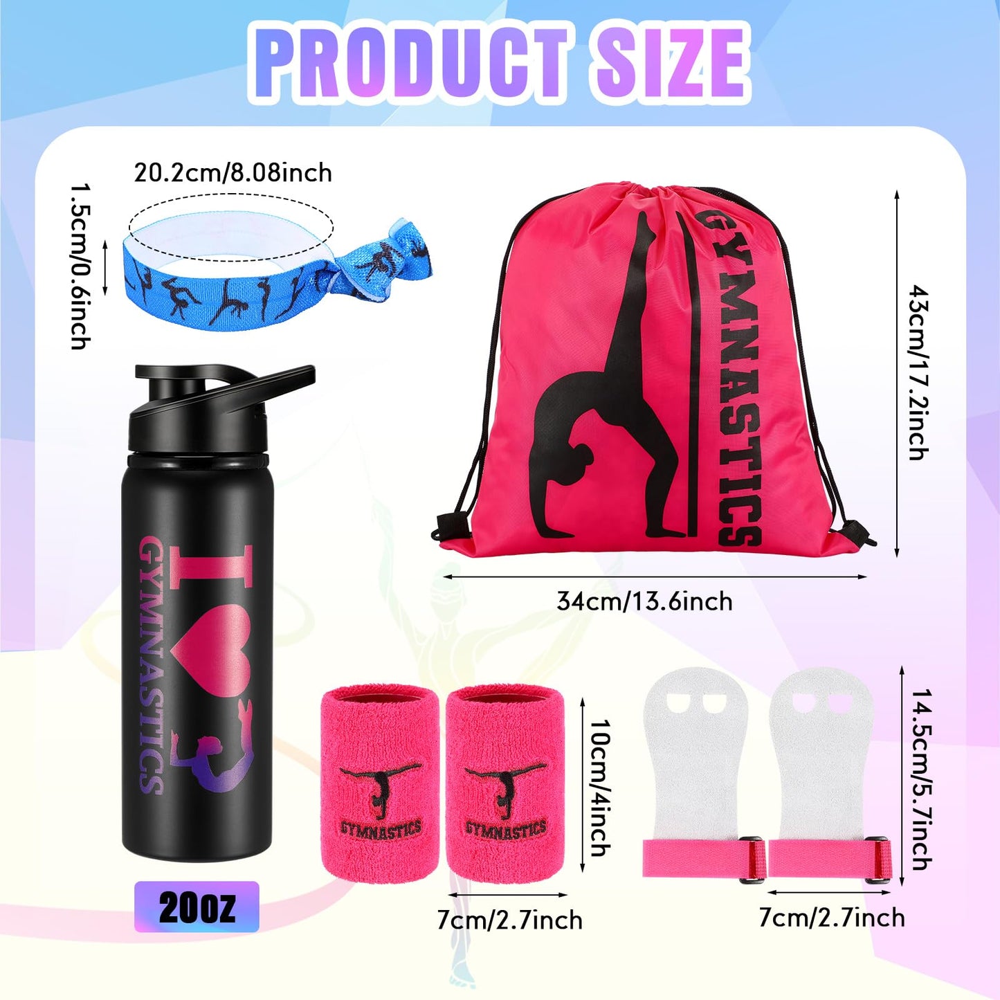 Xtinmee 66 Pcs Gymnastics Gift for Women Girl Pink Gymnastics Party Favor Hand Grip Water Bottle Drawstring Backpack Wristband Hair Tie 50 Tattoo Sticker Stuff Team Birthday Christmas
