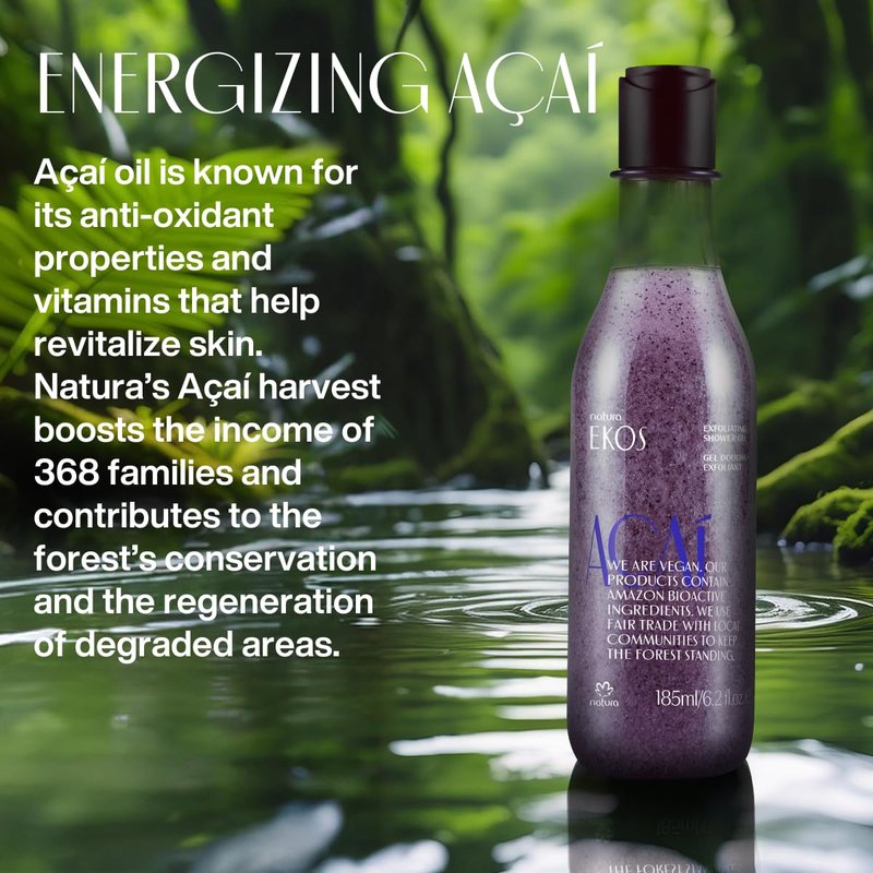 Natura - Ekos Açaí Revitalizing Exfoliating Shower Gel - Natural Exfoliants - Removes Impurities - Body Wash - Vegan Skin Care - Brazilian Beauty Secrets - Self Care & Body Care - 6.2 fl oz (185ml)