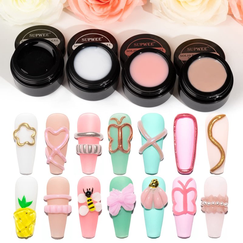 SUPWEE Solid Builder Gel for Nail Extension Non Stick Hand Scupture Hard Gel with Dual Form Nail Brush Tool for Home DIY Manicure 7 Colors 14g(0.49 oz)