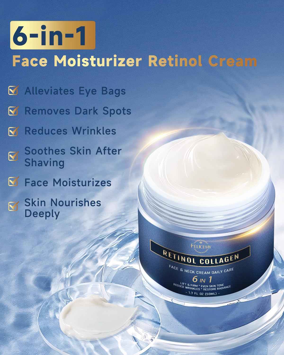 Felicemy 6-in-1 Face Cream for Men, Mens Face Moisturizer, Anti-Aging Face Cream for Men with Retinol Collagen & Hyaluronic Acid, Eye Bags & Dark Spot Remover, After Shave Lotion 1.7 Fl Oz