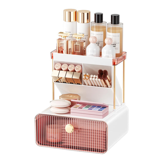 YCIA&DONE Makeup Organizer with Drawers, Shelves, Brush Holders, Countertop Organizer for Bathroom, Vanity, Cabinets, Dresser, 9.01 x 8.46 x 10.23 inches (Pink)